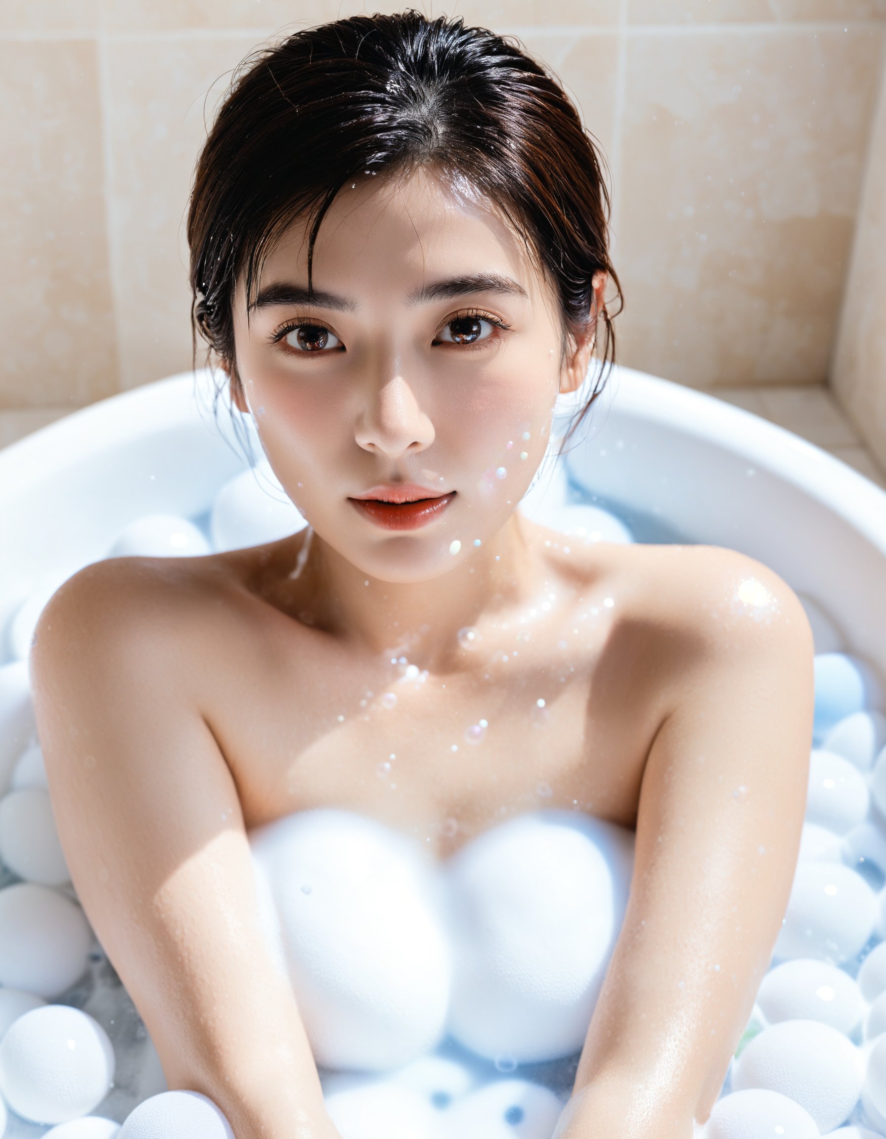 A masterpiece of a photograph. Capture a stunning, best quality, masterpiece,photo of a woman, (bubble bath), (soap bubbles), bathing, bubble cover whole body,The indoor setting is bathed in bright, high-contrast daylight, casting a soft bokeh around her features. The simple, white background provides a clean canvas for the subject's beauty to shine.