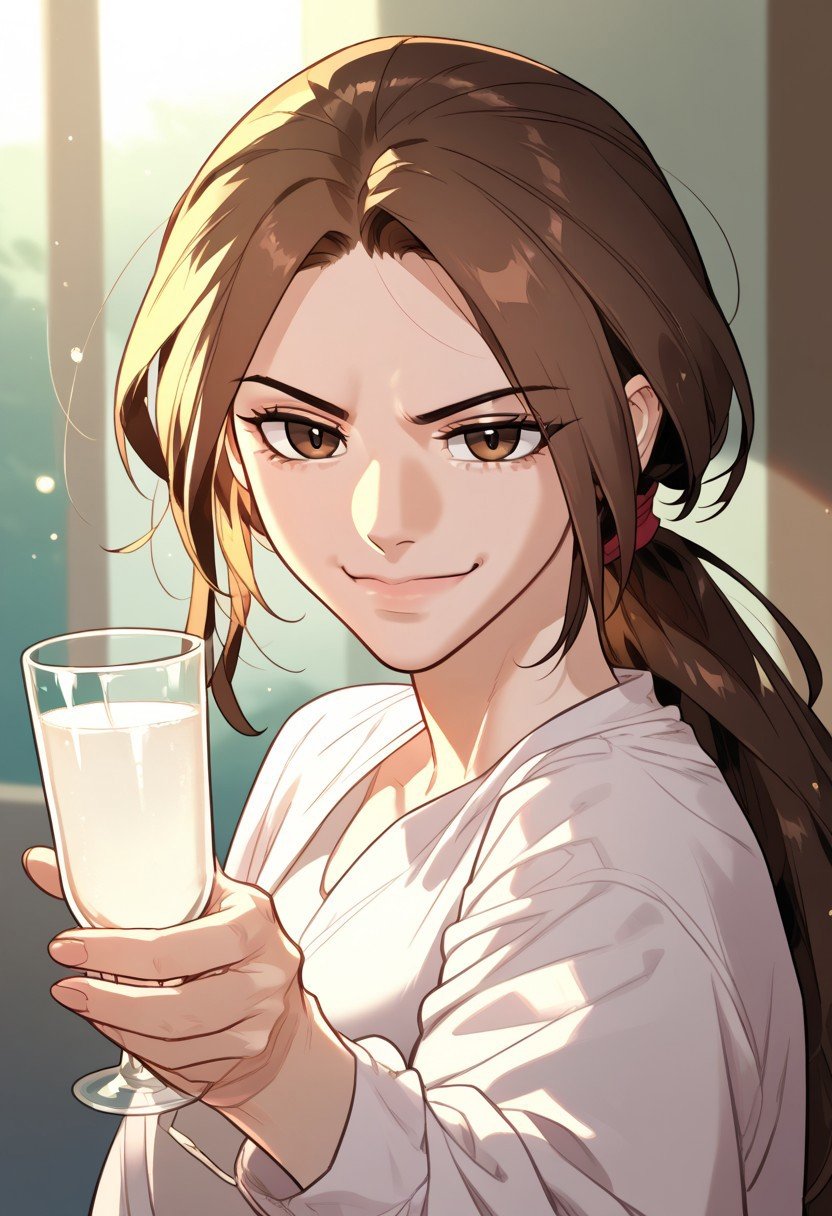 zPDXL3, score_9_up, score_8_up, score_7_up, (Anime_source), 1girl, HayanPark, brown eyes, brown hair, long hair, low ponytail, cowboy shot, looking at viewer, smirk, closed mouth, raise glass meme, Leonardo Dicaprio meme 