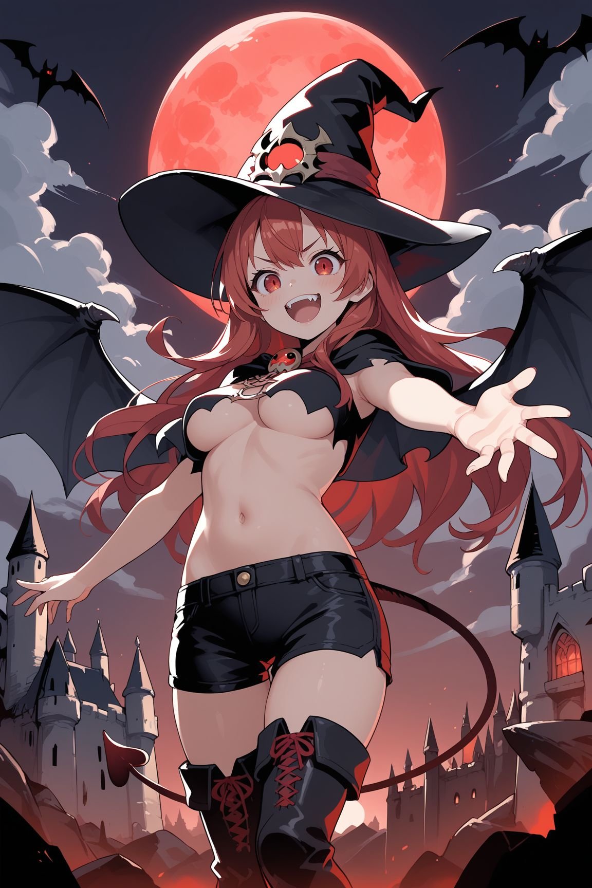 score_9, score_8_up, score_7_up, source_anime, 8k hd, uncesored, 1girl, solo, red hair, long hair, dark eyes, red eyes, medium breasts, underboob, demon girl, (tail:1.1), (black wings:1.2), witch hat, knee boots, tight black shorts, reaching, (evil laugh:1.1), (hell castle:1.1), dark background, dark sky, red moon, full moon,