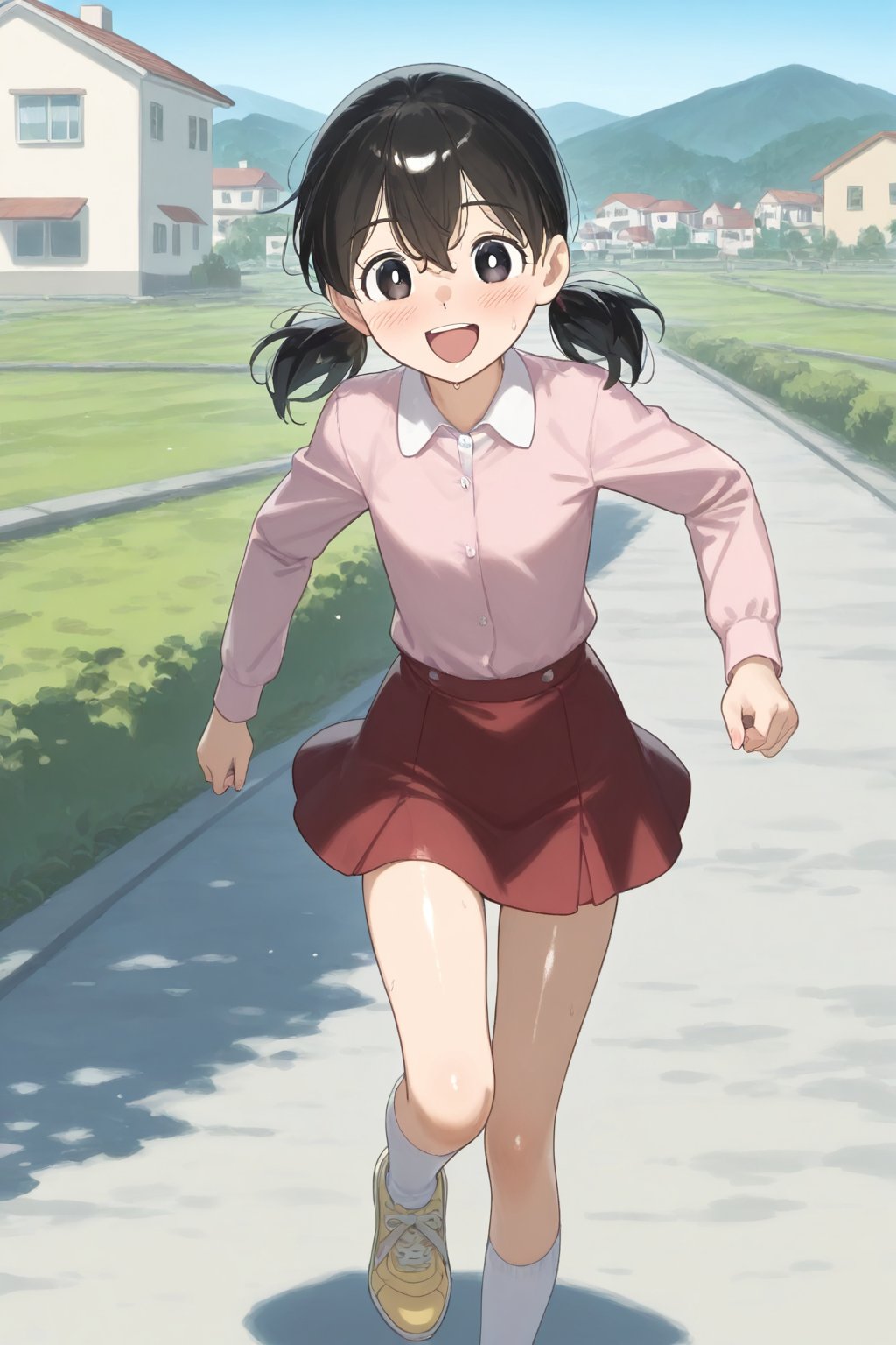 score_9, score_8_up, score_7_up, score_6_up, score_5_up, score_4_up, source_anime,minamoto shizuka,1girl, solo, skirt, outdoors, black hair, socks, white socks, twintails, red skirt, shoes, smile, shirt, open mouth, black eyes, pink shirt, looking at viewer, short twintails, kneehighs, collared shirt, long sleeves, :d, day, bright pupils, white pupils, house, low twintails, short hair, running, yellow footwear, blush, masterpiece, perfect face, best quality, beautiful eyes, shiny eyes, anime coloring, anime screencap, absurdres, outdoors, town,<lora:minamoto shizuka illust 1002:0.8>