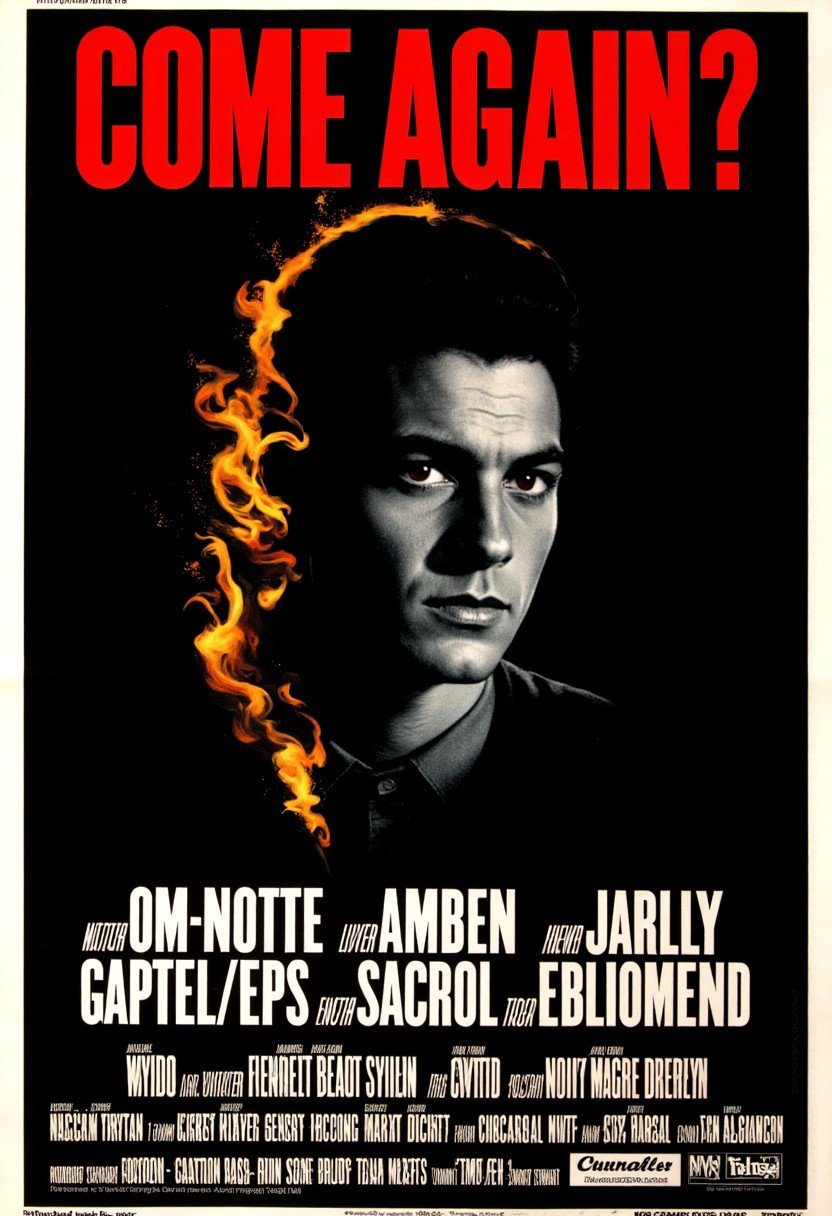 a movie poster about a detective noir film, Bold Title at the top "Come Again?" there is a black and white image of a man hidden by flames