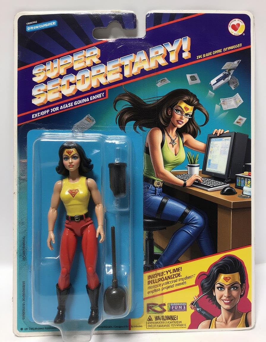 "Super Secretary" – An office superhero who can organize anything in seconds. Her typing speed creates energy waves that complete projects instantly, and her filing cabinet of doom can sort through endless paperwork. The figure is encased in clear packaging, with a ral-afpacking logo on the top-right. The backdrop features a futuristic office with glowing computer screens, floating documents, and an ultra-organized desk.<lora:ral-afpacking-flux:1>