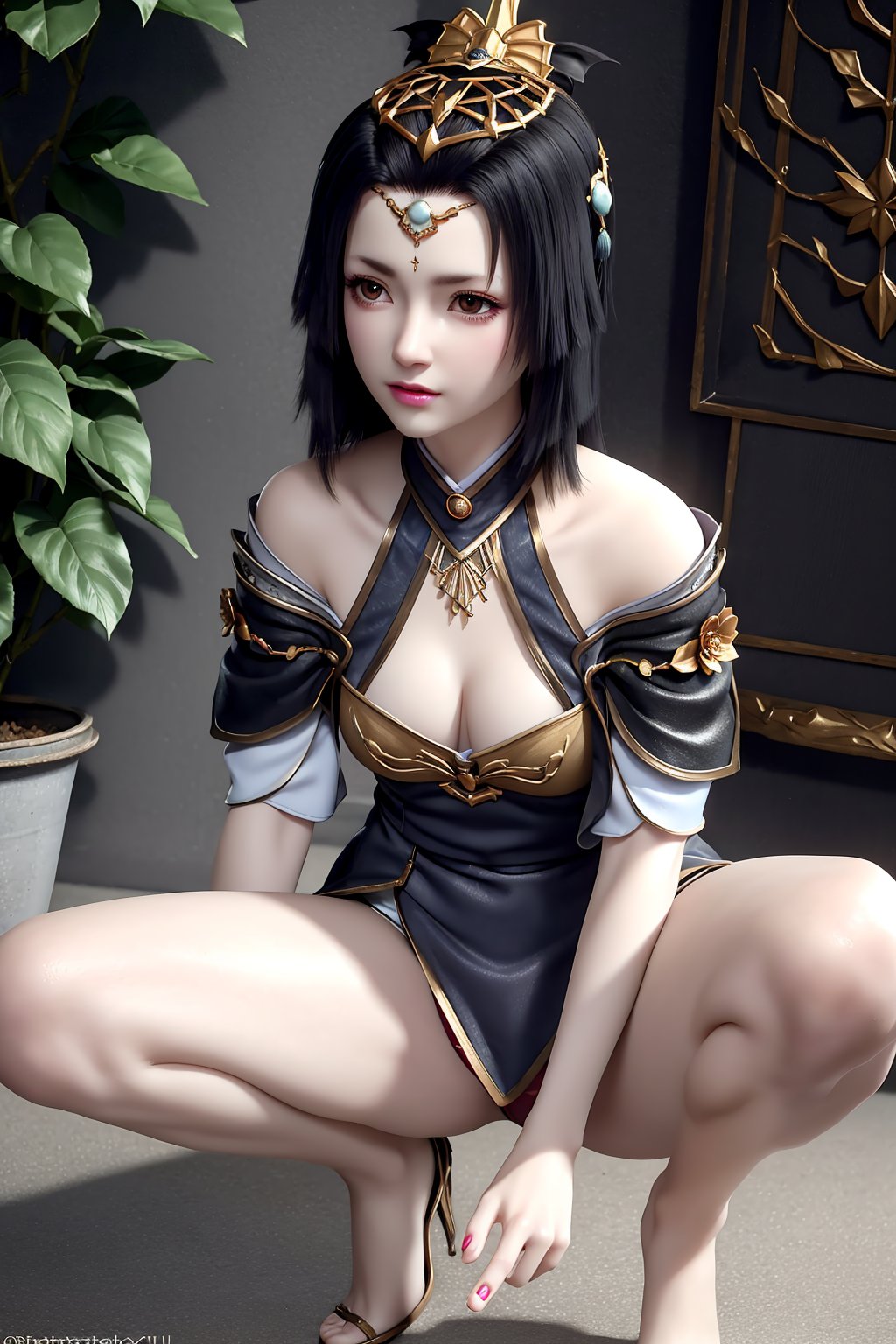 crouching, spread legs, dress, chinese clothes, barefoot, looking at viewer, (east asian architecture,  flower pot, plant), 1girl,solo, black  hair, long hair, forehead mark,facial mark, hair ornament,jewelry, earrings, white legwear, fingernails, nail polish,photo_\(medium\),(breasts, small breasts, cleavage), makeup,(8k, RAW photo, best quality, masterpiece:1.2),(realistic, photorealistic:1.3),ultra-detailed,extremely detailed cg 8k wallpaper,(crystalstexture skin:1.2), (glowing skin:1.2),  (shiny skin:1.3), extremely delicate and beautiful,<lora:syqiangk_加强_重置_夭月_C9_2.1:0.8>,