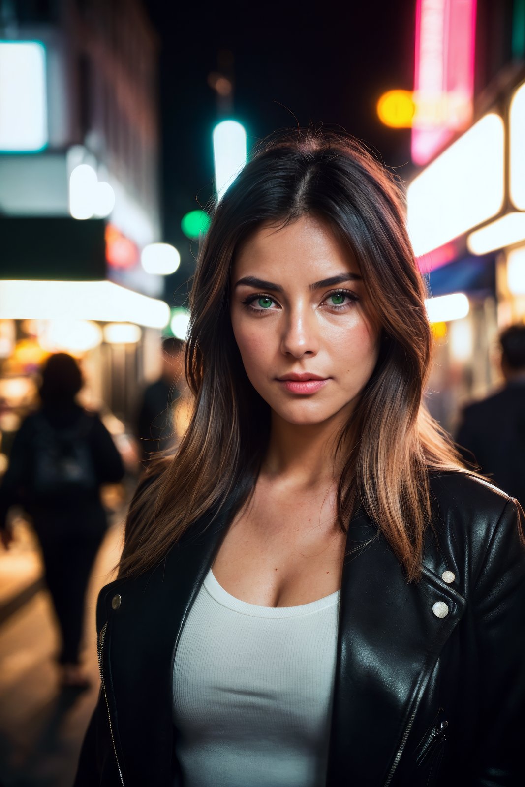 A tenacious female journalist uncovering a high-stakes conspiracy in a bustling metropolis, weaving through crowded streets and dark alleyways, close up, Detailed clothes, green eyes, flowing hair, determined expression, shiny glossy skin, subsurface scattering, (sharp:0.7), [(colorful explosion psychedelic paint colors:1.21)::0.05], amazing fine detail, Nikon D850 film stock photograph Kodak Portra 400 camera f1.6 lens, rich colors, lifelike texture, dramatic lighting, urban environment, skyscrapers, neon signs, street vendors, dynamic composition, unreal engine, trending on ArtStation, cinestill 800 tungsten