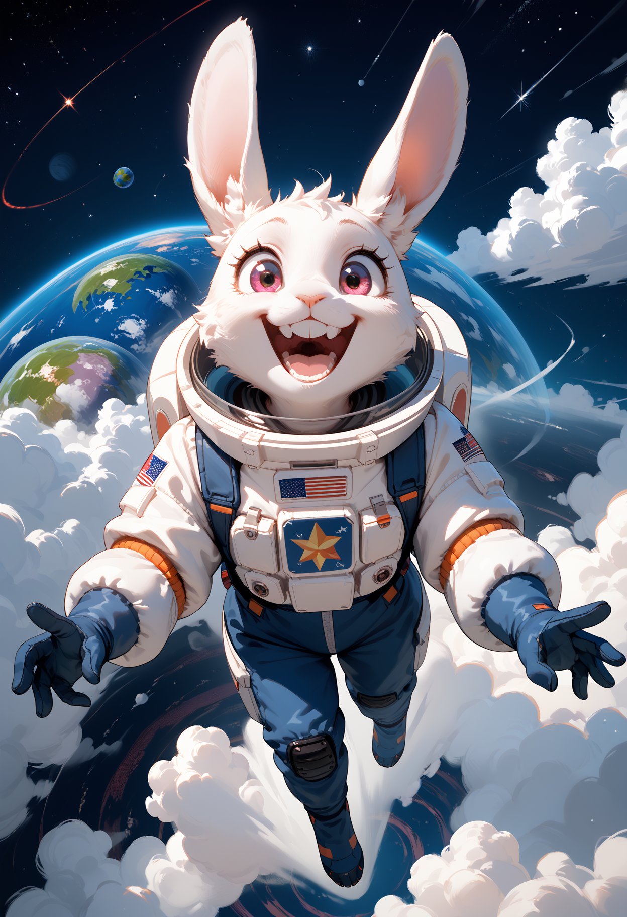 score_9,score_8_up,score_7_up,masterpiece,best quality,8k,Cute fluffy rabbit wearing space suit standing on planet base Above,from above,evil_smile,teeth,open_mouth,floating in the air,clouds,fog,