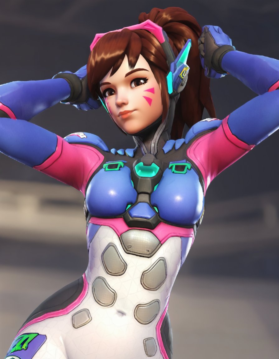 1girl, d.va, solo, brown hair, long hair,  whisker markings, bodysuit, facial mark, breasts, brown eyes, headphones, covered navel, gloves, medium breasts, charm, <lora:D.Va:0.7>