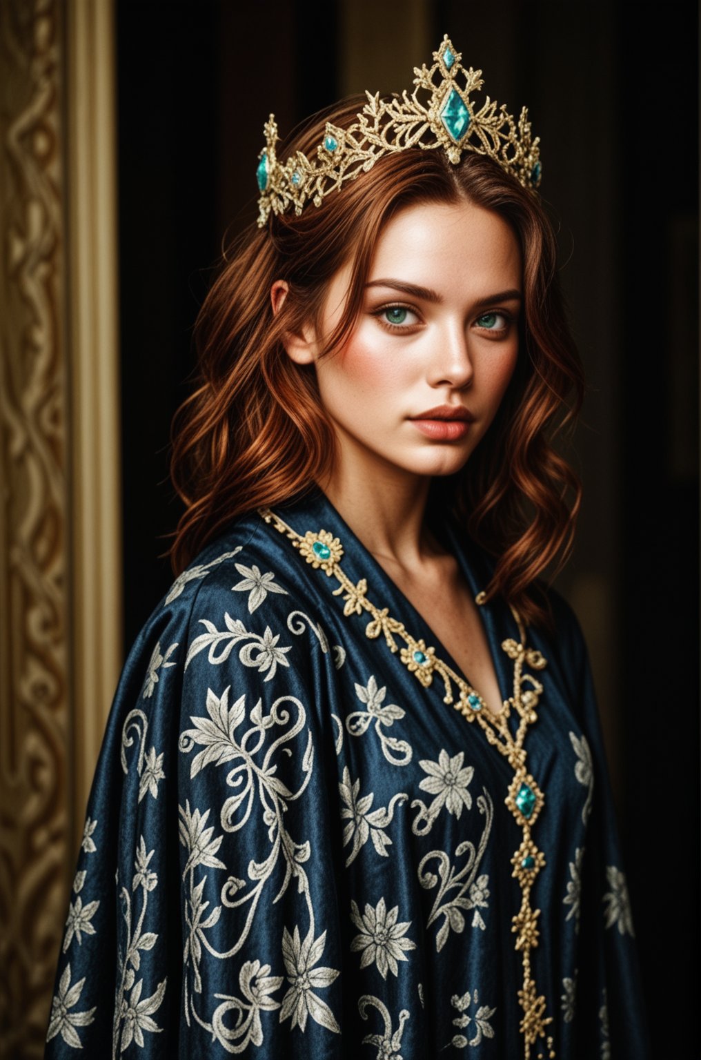 portrait of a regal woman with long,  wavy auburn hair draped over her shoulders. She has a fair complexion with striking...