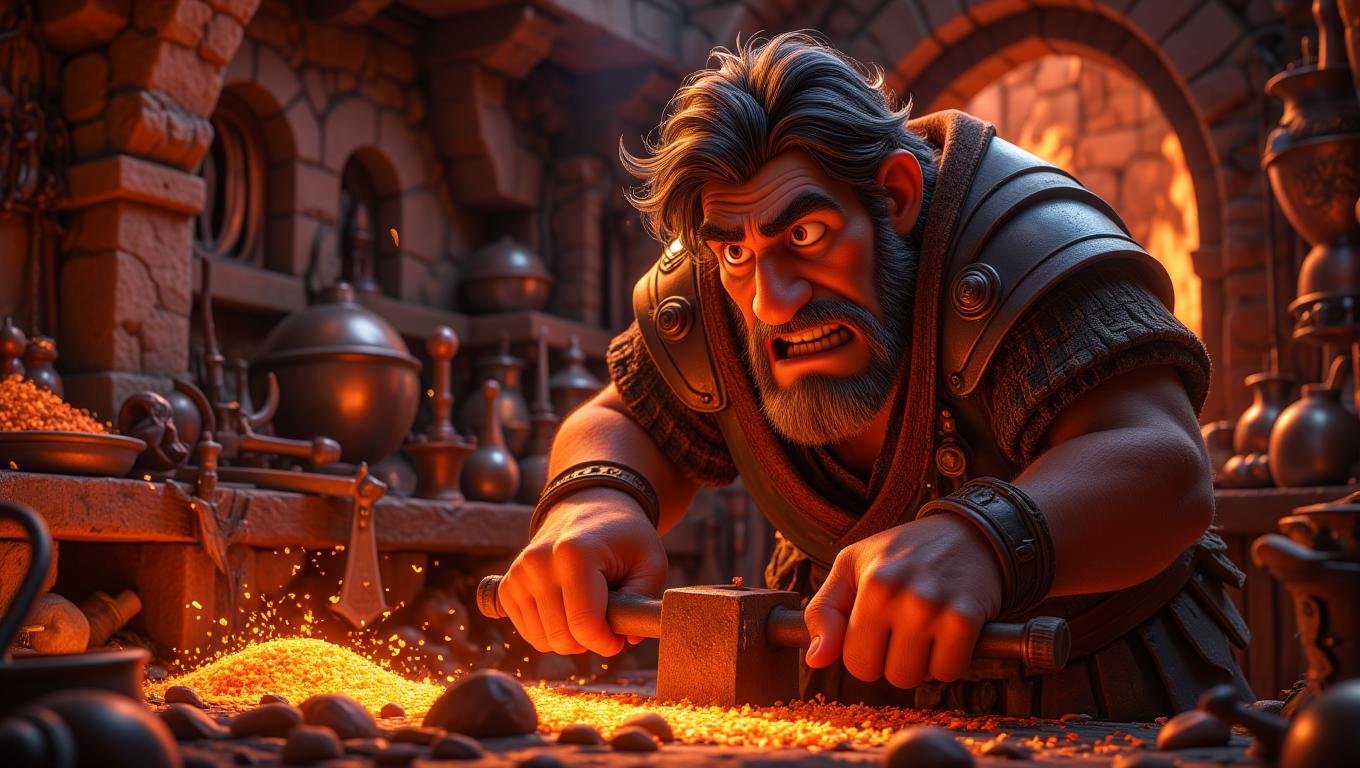 A rugged blacksmith, with muscular arms and a weathered face, hammers away at a glowing piece of metal in a smoky, fire-lit forge. Sparks fly as the hammer strikes, and the blacksmith’s intense focus is evident in his furrowed brow. Around him, various weapons and armor pieces are displayed, hinting at his mastery of the craft. The style is gritty and powerful, capturing the raw energy of the blacksmith’s work and the medieval craft of weapon-making     <lora:Cute_3d_Cartoon_Flux:0.7>