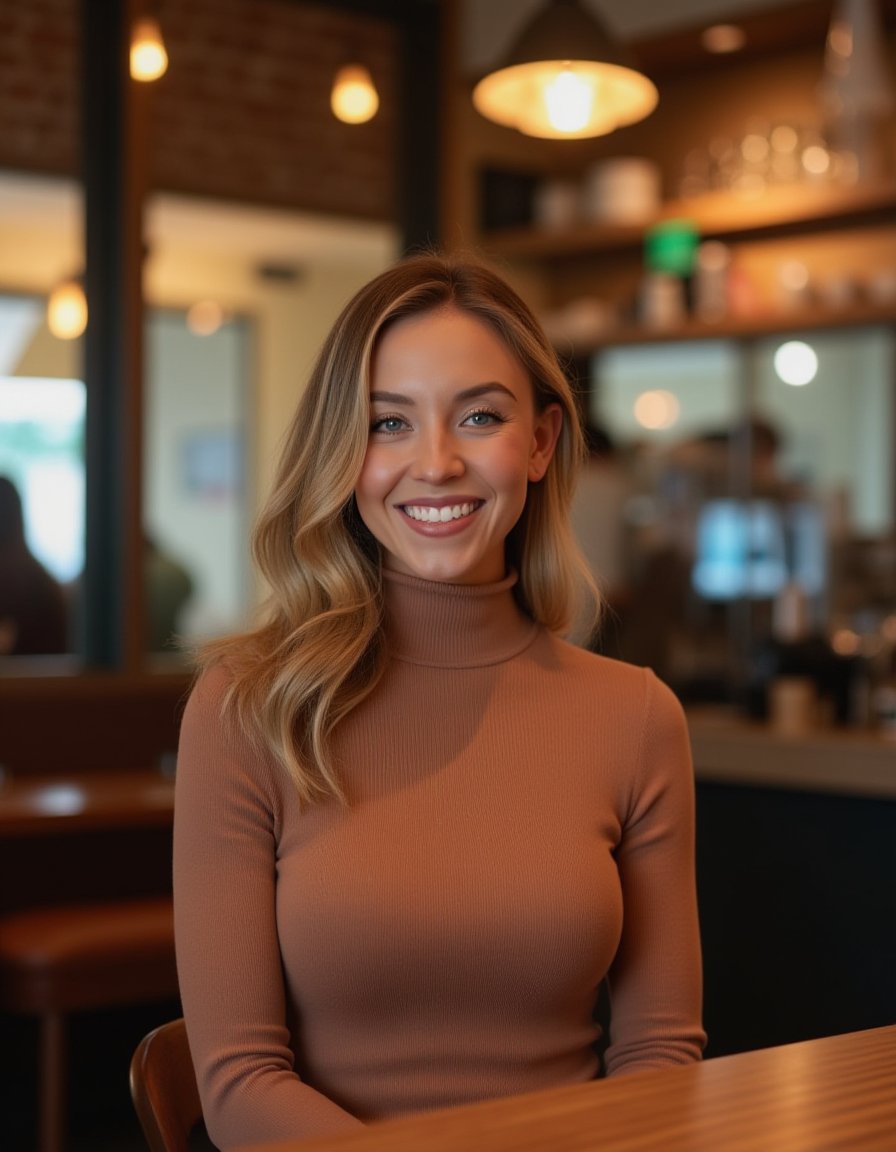 <lora:Sydney_Sweeney_Flux:1> realistic photo of sydneysweeney, wearing a turtleneck dress  in a cafe looking at viewer smiling  