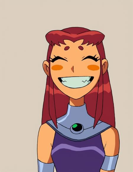 <lora:StarfireTTPony:1>StarfireTT, solo, smile, orange skin, red hair, long hair, closed eyes, 1girl, grin, blush stickers, ^ ^, teeth, armlet,upper body, portrait,  score_9, score_8_up, score_7_up, score_6_up, score_5_up, score_4_up, looking at viewer,