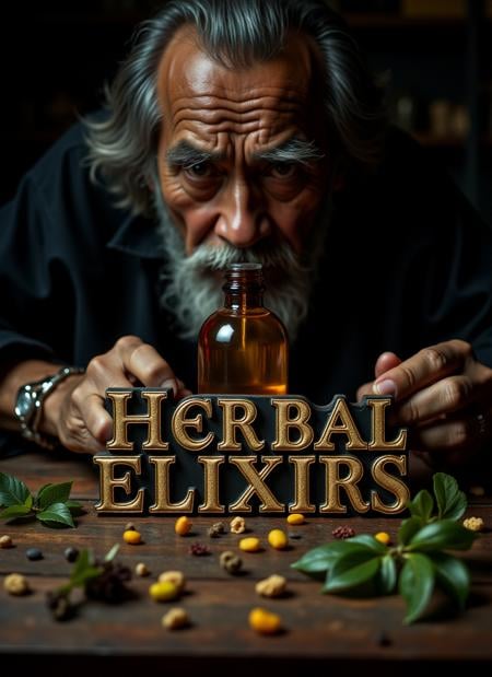 Text letters and words that says "Herbal Elixirs" in ornate lettering on a wooden table, surrounded by an aged Filipino old man holding a potion bottle, with mystical herbs scattered around. A close-up shot emphasizing the man's piercing gaze and details of the potion. A vintage style photo of medium format film photography capturing rich tones and nostalgic textures, enhanced by cinematic lighting