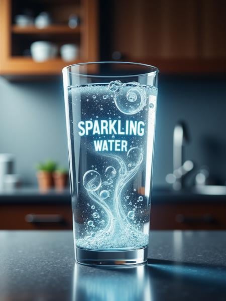 mad-sprklngtr,  a glass off water on a kitchen counter the bubbles in the water form the words "SPARKLING WATER" the kitch...