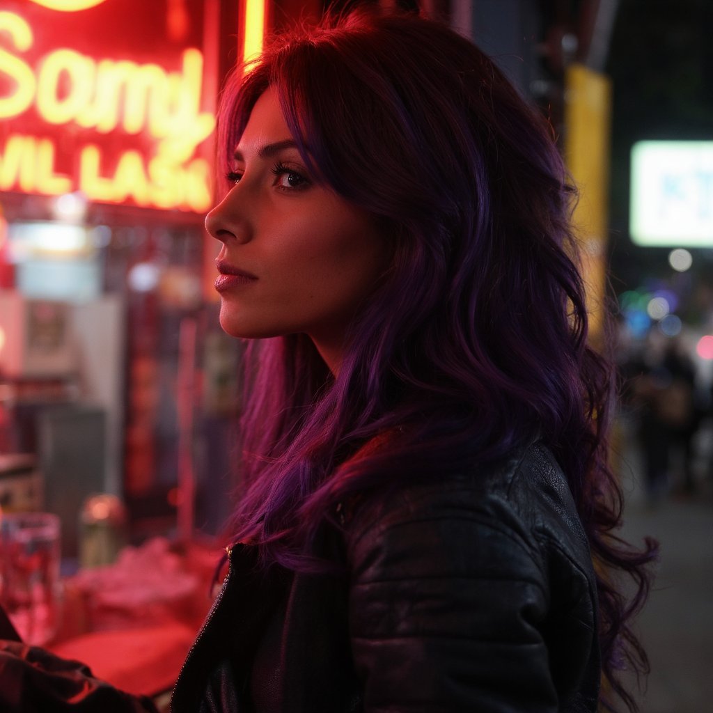 A ultra sharp portrait of sarahshahi in a side profile, captured in a neon-lit urban setting. She has long, wavy purple hair and wears a black leather jacket. The woman's gaze is directed away from the camera, and her expression is contemplative. The background is a vibrant mix of neon lights, including red, orange, and yellow, creating a warm glow. The image evokes a moody, urban ambiance.