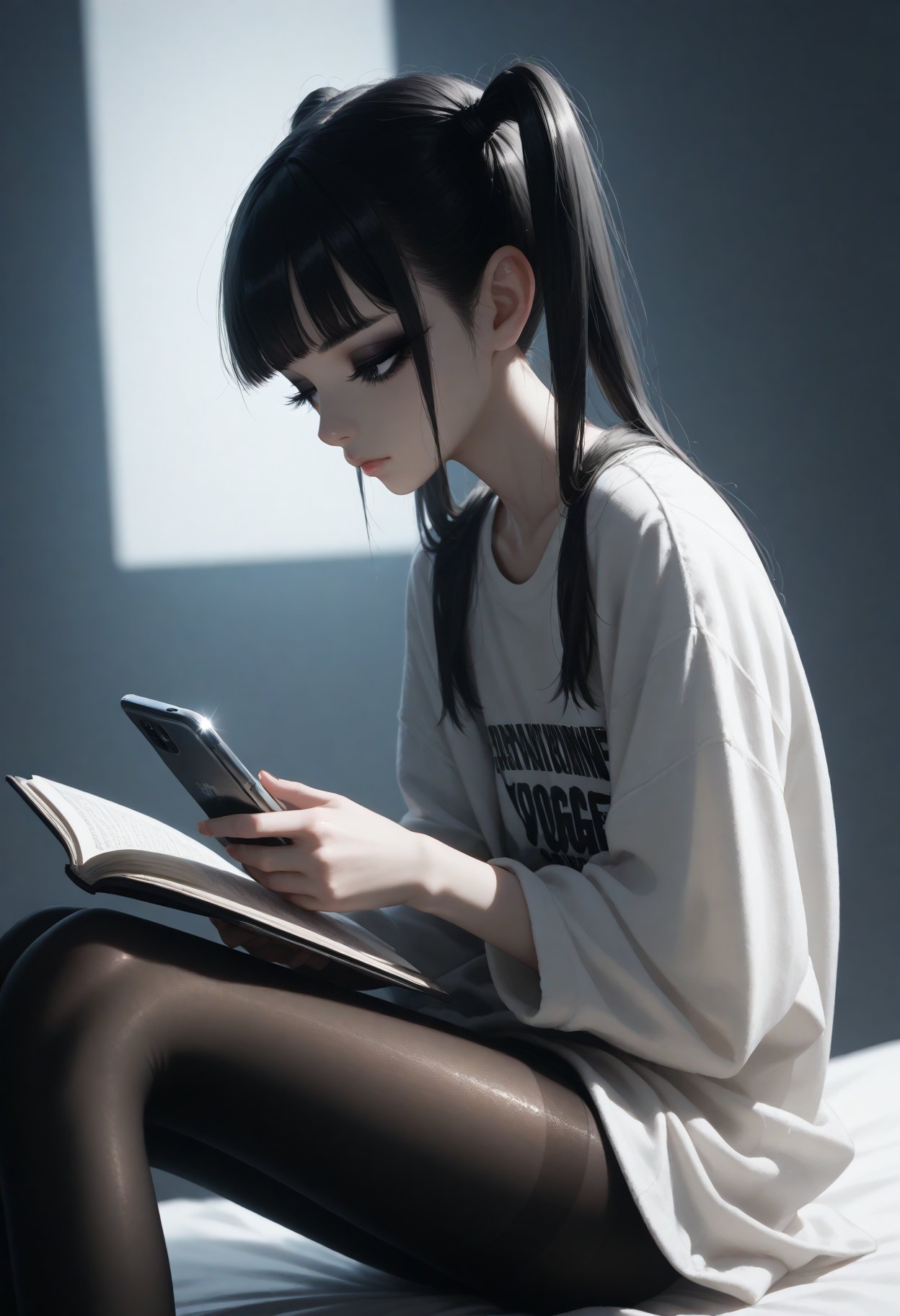 score_9,score_8_up,score_7_up,1girl,solo,skinny,black pantyhose,loose clothes,goth,Colored eyelashes,black hair,twintails,smartphone,studying,from side,Shiny skin,simple background,leaning back,dynamic lighting,modern,vogue,