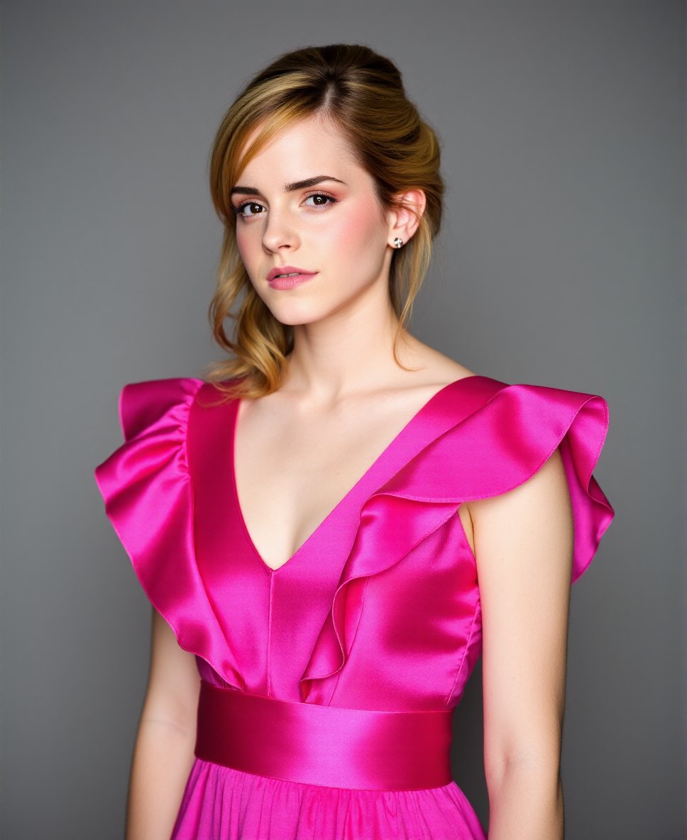 This is a high-resolution photograph of a young woman with light skin and light brown hair styled in an elegant updo with loose curls cascading down one side. She wears a vibrant pink satin dress with a deep V-neckline and ruffled cap sleeves, giving her outfit a sophisticated and feminine look. The dress has a smooth, glossy texture, reflecting light softly. Her makeup is natural, with a soft pink blush and subtle eye makeup, enhancing her light brown eyes. She is wearing small, silver hoop earrings that add a touch of glamour. The background is a plain, gradient gray, which keeps the focus on the subject. The lighting is even, highlighting her features and the details of her dress. The overall mood of the photograph is elegant and serene, capturing a moment of quiet contemplation. The image exudes a sense of sophistication and grace, likely intended for a formal occasion or a high-fashion setting..,Emma Watson, <lora:Emma_Watson_Flux_V1-000001:1>