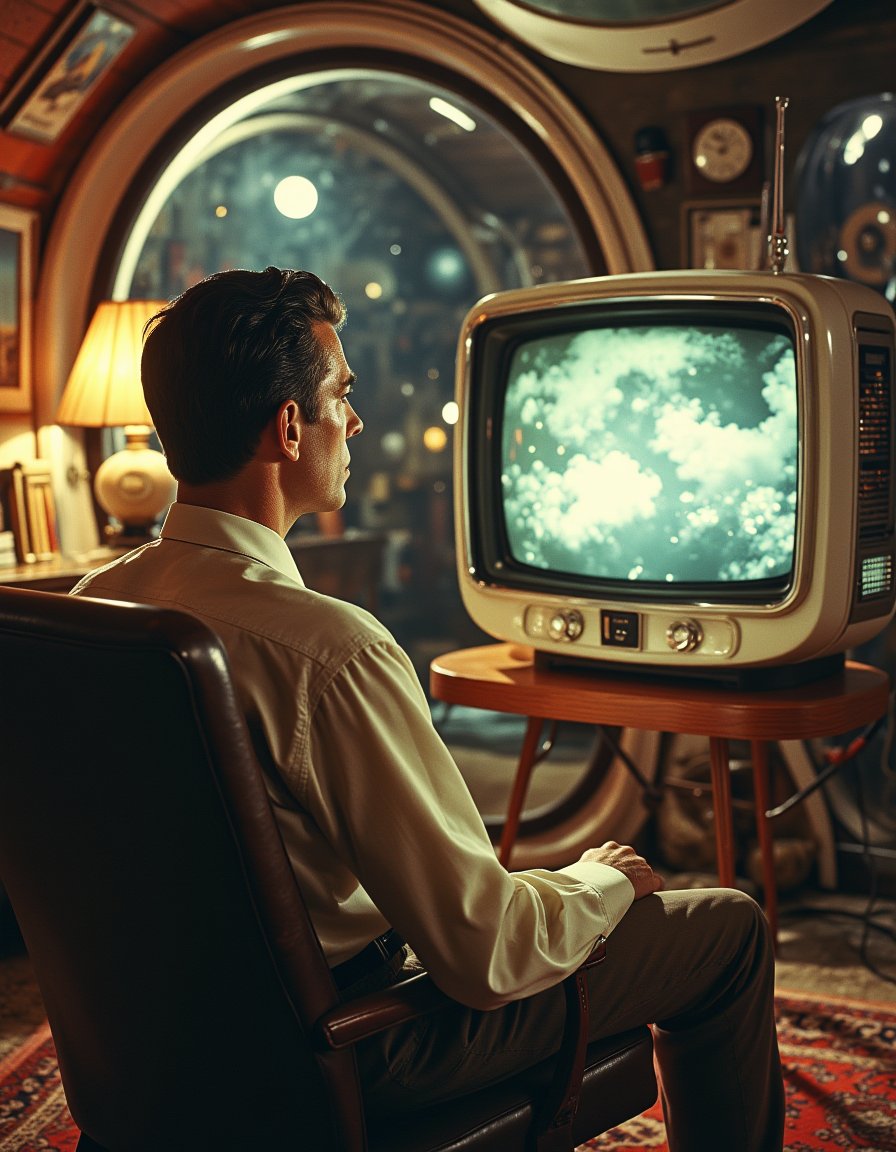 Vintage Sci-fi . a man sitting in a chair watching tv<lora:Vintage_Sci-fi_Movie:0.8>