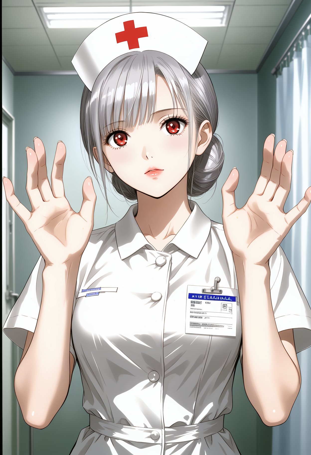 Tony Taka Style,1girl,dark_grey_hair,air_bangs,red_eyes,hands up,nurse uniform,in the hospital,the background is a complex ward,various medical equipment,frome_above,