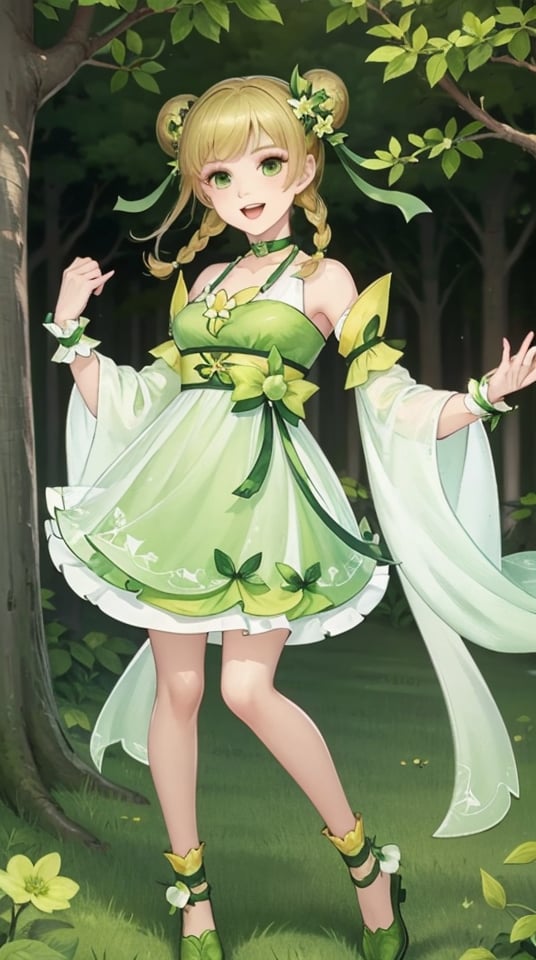 huaying, 1girl, green eyes, solo, braid, dress, twin braids, open mouth, green dress, full body, blonde hair, smile, detached sleeves, green ribbon, green footwear, choker, green theme, hair ornament, green bow, bangs, looking at viewer, green choker, bare houlders, hair bun, wrist cuffs, wide sleeves, double bun, bare legs, bug, hair flower, hair rings, outdoors, socks, yellow socks,  collarbone, outdoors,looking at viewer,<lora:huaying-10:0.7>