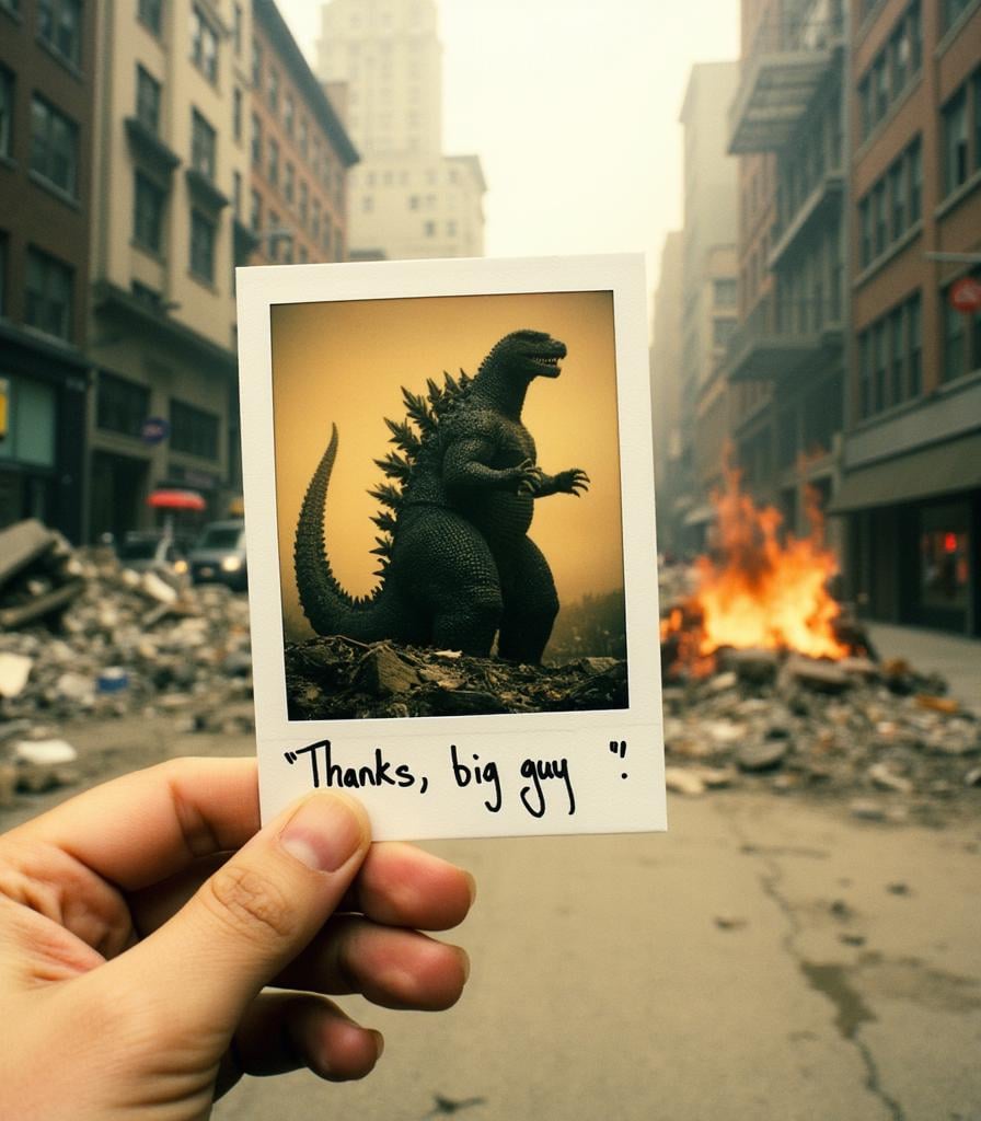 A hand holds a distressed and stained Polaroid photo of Godzilla destroying a city.  The hand holds the photo in front of rubble and fire in the street.  It is dusty and hazy.  Written at the bottom of the polaroid in marker is the hanwritten text, "Thanks, big guy" <lora:Polaroid_Flux:1.0><lora:ComfyUI_30643_:0>