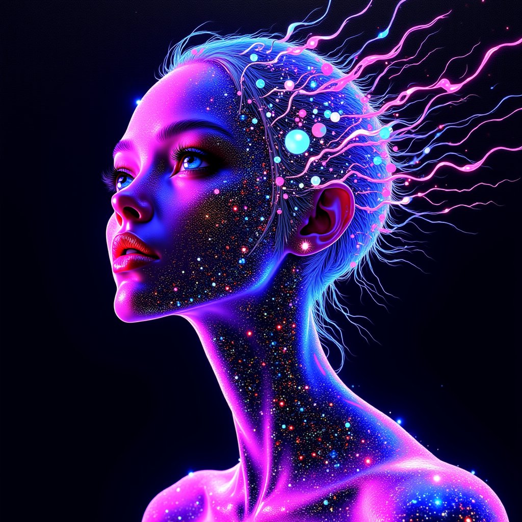 A vibrant, futuristic acrylic art piece featuring the face of a beautiful woman, rendered with luminescent, holographic colors. The artwork is a collage of holograms, with vivid, glowing hues blending seamlessly across the canvas. The woman's face is intertwined with numbers, algorithms, and binary code lines, all designed in a holographic style. The image has a strong digital aesthetic, with elements of futuristic technology and cybernetic art. The colors are intense and radiant, creating a striking, otherworldly effect. The composition combines traditional acrylic techniques with modern, digital motifs, resulting in a mesmerizing, avant-garde representation of beauty and technology. <lora:anime_martzv2:1.0>