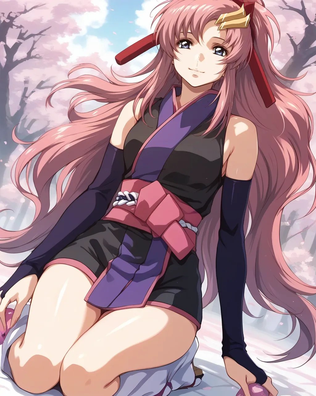 score_9,score_8_up,score_7_up,best quality, 4k, rating_safe, very aesthetic, source_anime,1girl,<lora:Lacus_Clyne>,Lacus ClyneAA,blue eyes,pink hair,long hair,hair ornament,ponytail,hair ribbon,sleeveless,short kimono,sash,black kimono,black bridal gauntlets,elbow gloves, cowboy shot,looking at viewer,smile,dynamic angle,kneeling,,