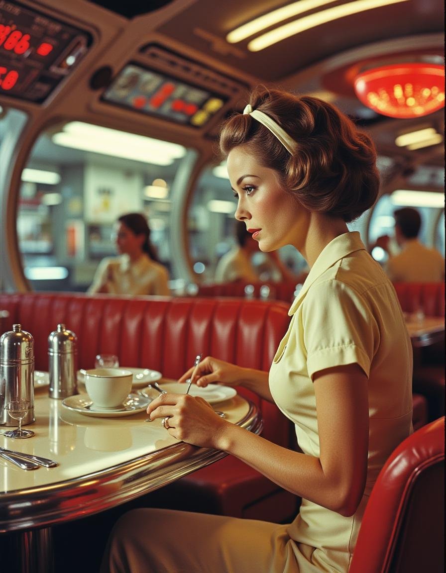 Vintage Sci-fi . a woman in a restaurant of a space ship<lora:Vintage_Sci-fi_Movie:0.8>