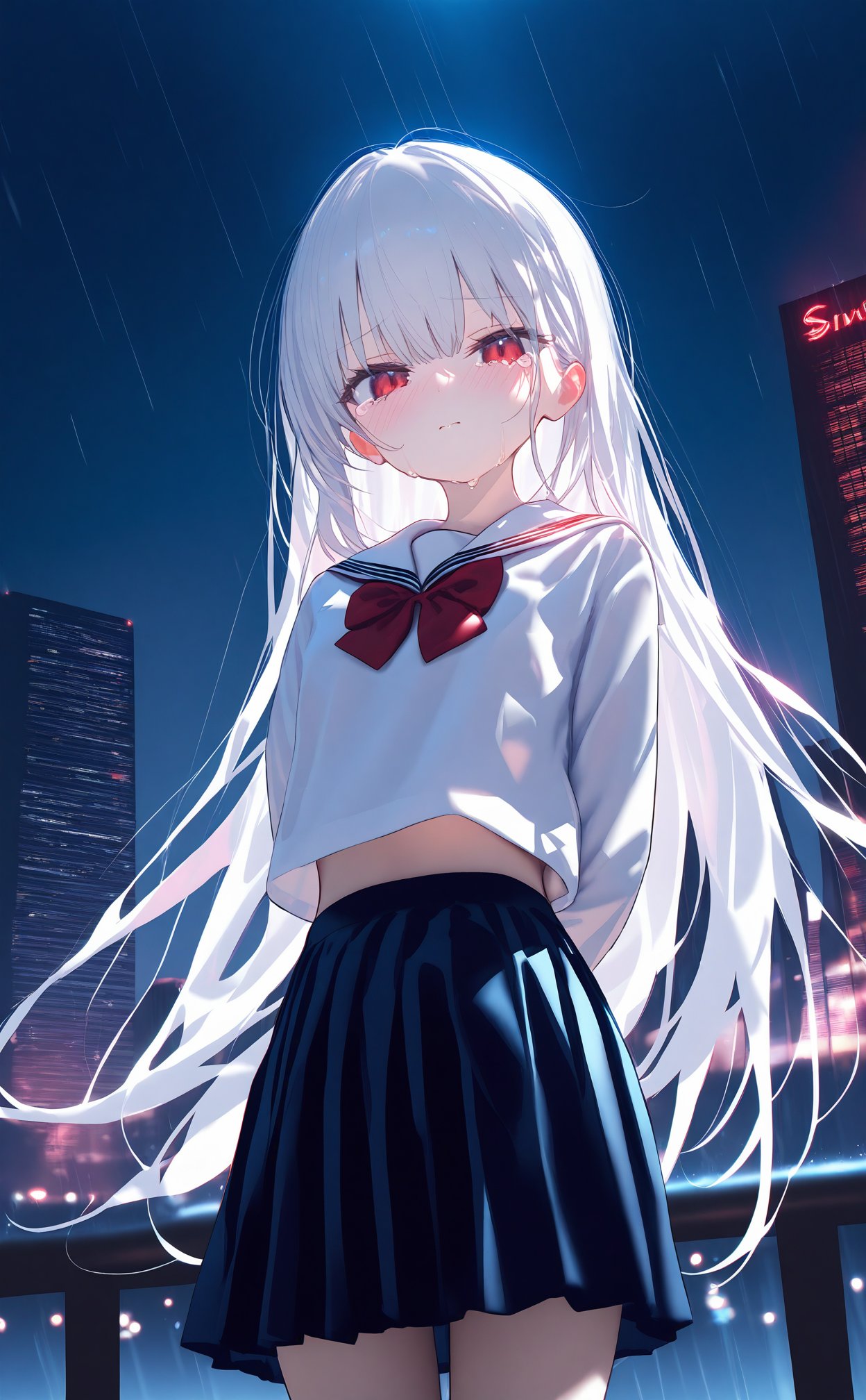 masterpiece,best quality,high quality,loli,1girl,solo,long hair,rain,skirt,white hair,outdoors,sailor collar,shirt,looking at viewer,long sleeves,red eyes,bow,white sailor collar,school uniform,sky,white shirt,red bow,night,blush,tears,closed mouth,bowtie,crying with eyes open,crying,black skirt,cloud,serafuku,red bowtie,building,very long hair,cityscape,city,cloudy sky,standing,blue skirt,skyscraper,