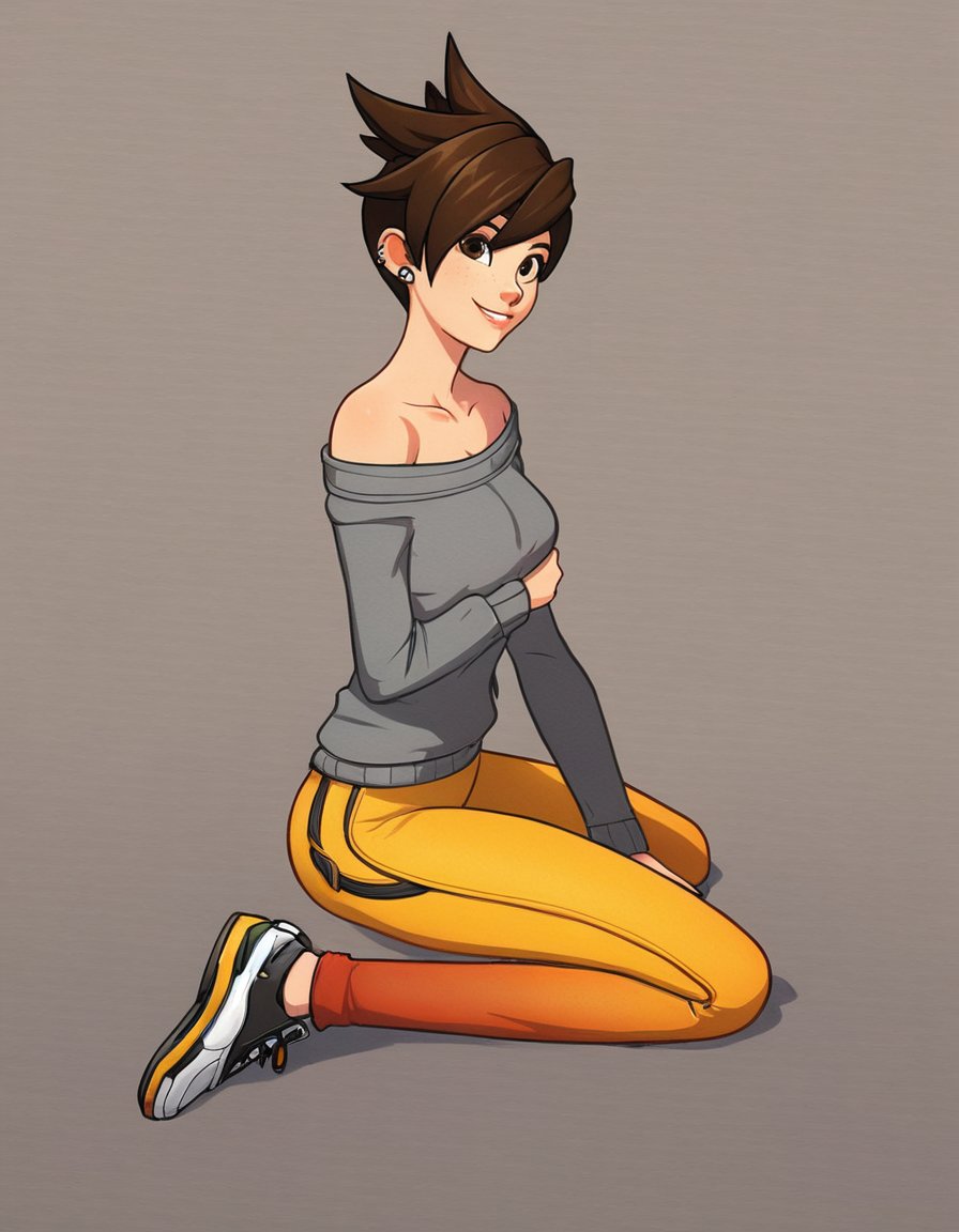 1girl (0.99), tracer (overwatch) (0.98), solo (0.97), shoes (0.95), pants (0.94), brown hair (0.94), short hair (0.91), navel (0.90), midriff (0.88), off shoulder (0.88), spiked hair (0.87), collarbone (0.86), full body (0.84), crop top (0.84), sitting (0.84), sneakers (0.82), simple background (0.80), looking at viewer (0.79), smile (0.74), yellow pants (0.69), casual (0.69), sweater (0.66), off-shoulder sweater (0.64), long sleeves (0.56), shirt (0.50), piercing (0.45), earrings (0.43) Tracer, <lora:Tracer:0.6>