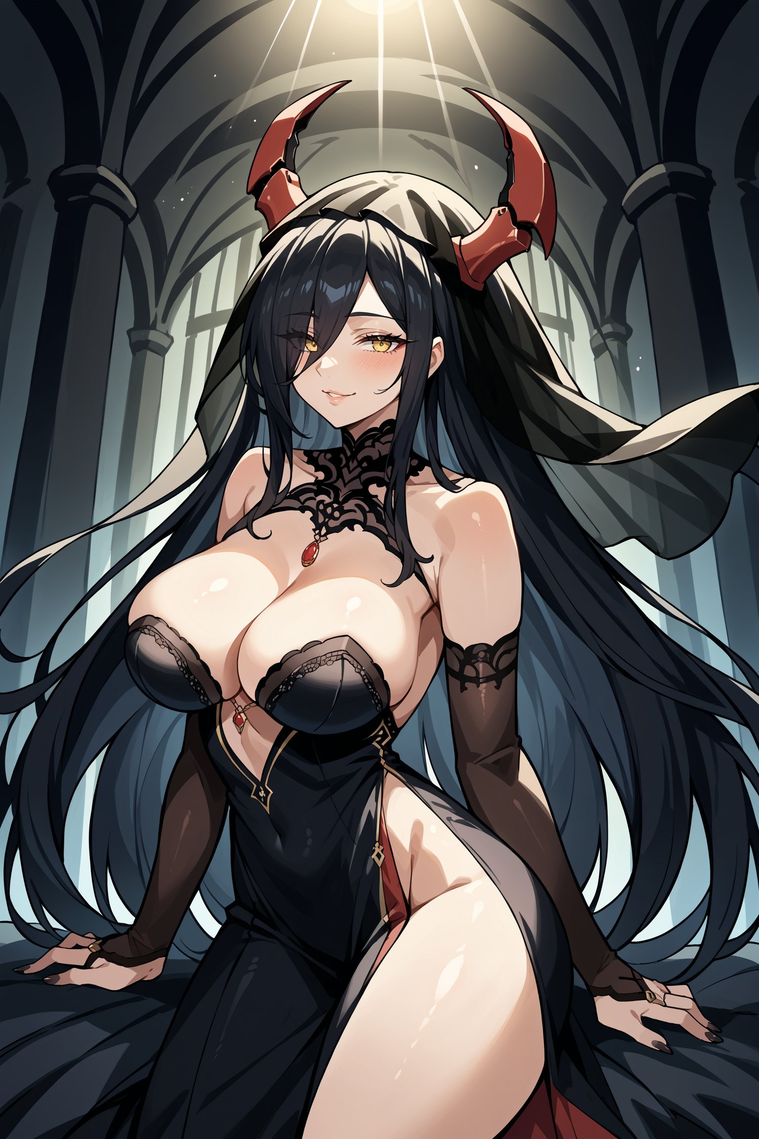 score_9, score_8_up, score_7_up, , rating_general ,1girl ,yellow eyes, hair over one eye, very long hair, black hair, red mechanical horns, black veil, detached collar, necklace, lace trim, sideless dress, long dress, black bridal gauntlets, hip vent, showgirl skirt, high heels,  indoors, source_anime, <lora:FriedrichDerGrossePDCAMEq4v1.1 AL:1>, cowboy shot, abstract, spotlight, naughty face,