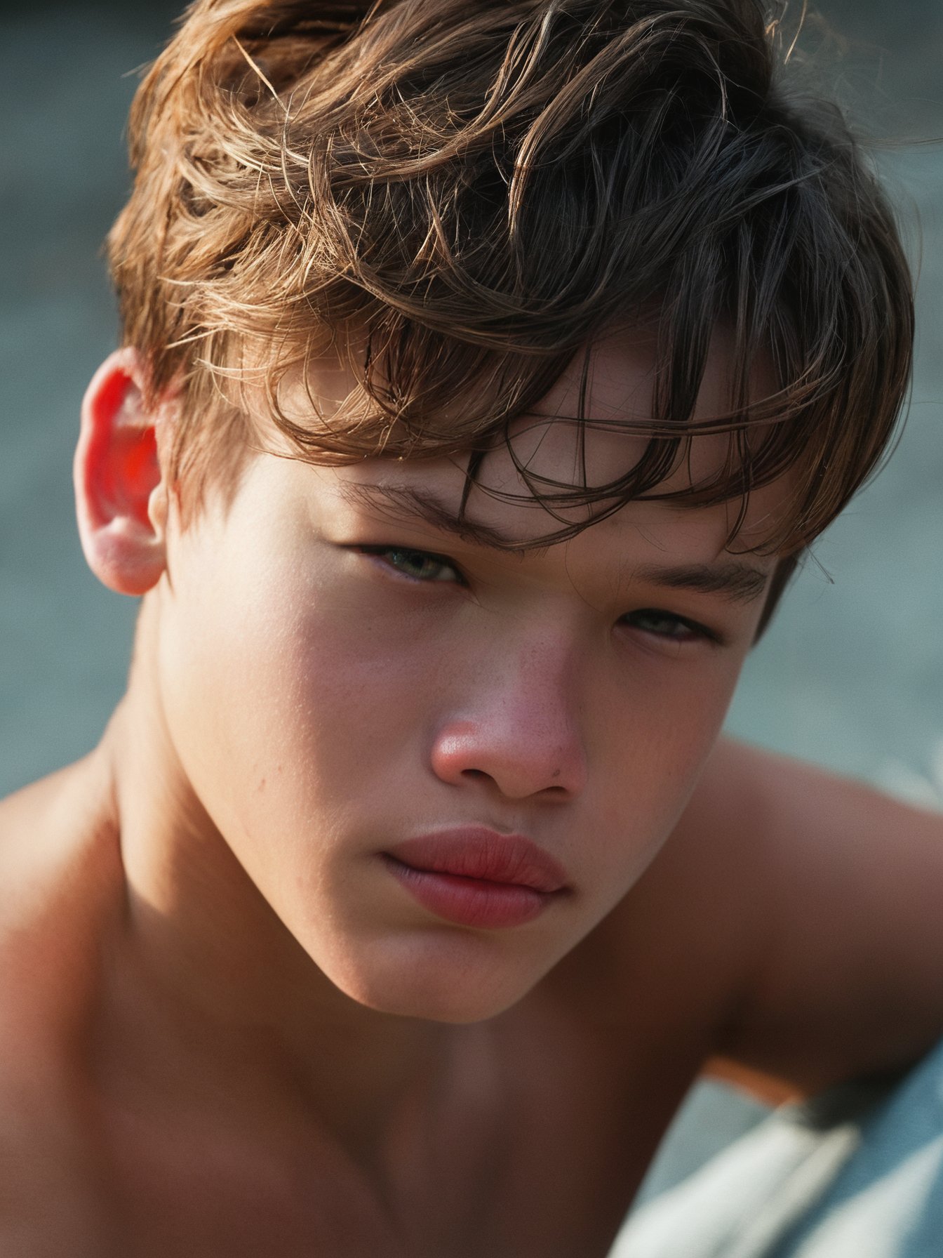 score_9, score_8_up, score_7_up, solo, photo, <lora:NG(n4tang0ldmann)SDXL:1> (n4tang0ldmann), teen boy, model, full thick lips, realistic, solo, male focus, 1boy, brown hair, blurry background, mole, blurry, short hair, closed mouth, portrait, lips, closed eyes, nude, upper body, freckles, realistic, hyper detailed photorealistic life-like accurate proportional 8k sharp focus, accurate cinematic lighting, photorealistic detail