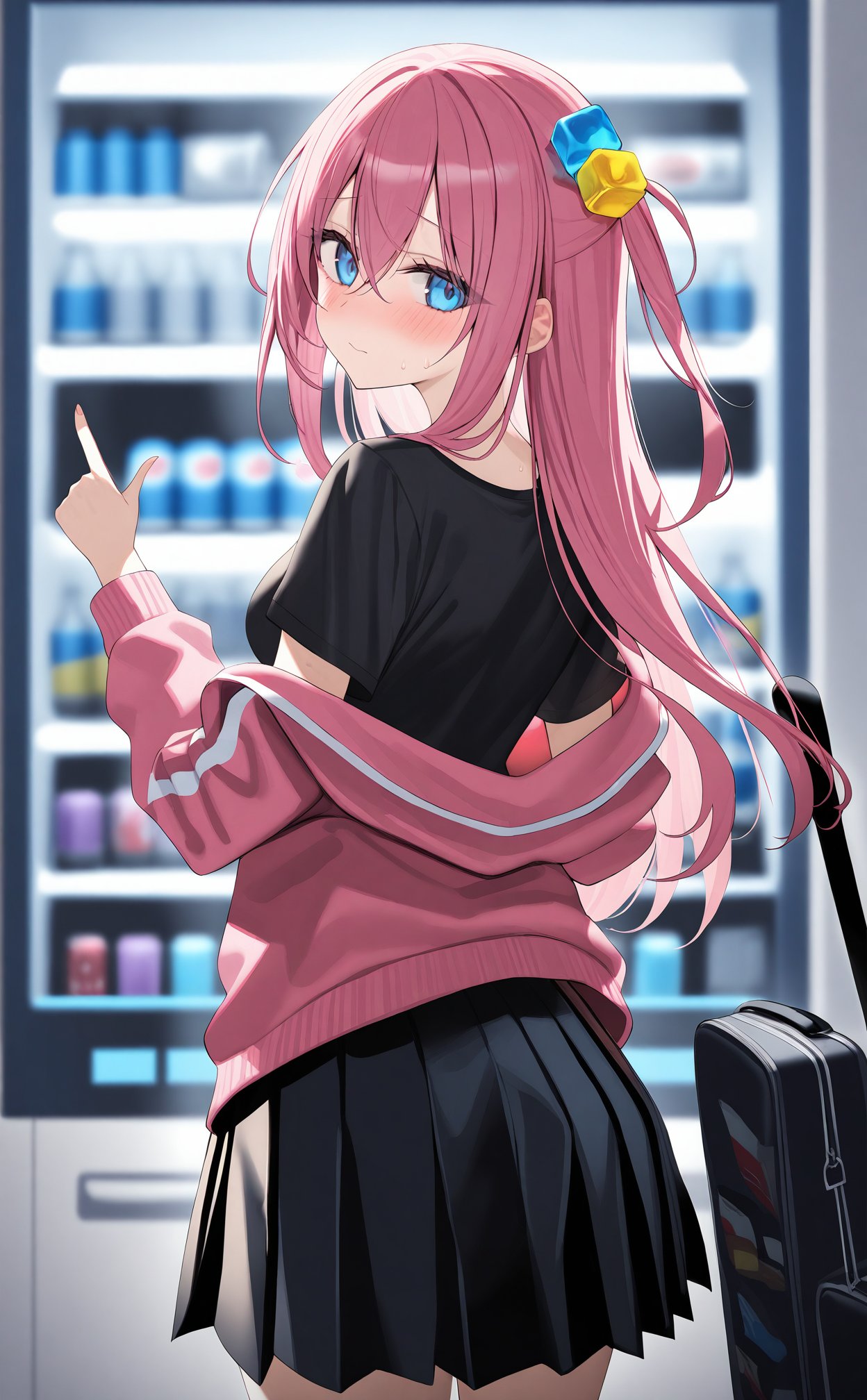 masterpiece,best quality,high quality,(colorful),Artist hsxxx,1girl,vending_machine,gotoh_hitori,pink_jacket,solo,hair_ornament,black_shirt,jacket,long_hair,cube_hair_ornament,pink_hair,guitar_case,instrument_case,shirt,looking_at_viewer,one_side_up,blush,can,blue_eyes,pointing,hair_between_eyes,closed_mouth,looking_back,skirt,short_sleeves,soda_can,soda,energy_drink,long_sleeves,black_skirt,sweat,off_shoulder,from_behind,breasts,blurry,pleated_skirt,cola,open_jacket,jacket_partially_removed,track_jacket,t-shirt,open_clothes,refrigerator,standing,drink_can,blurry_background,