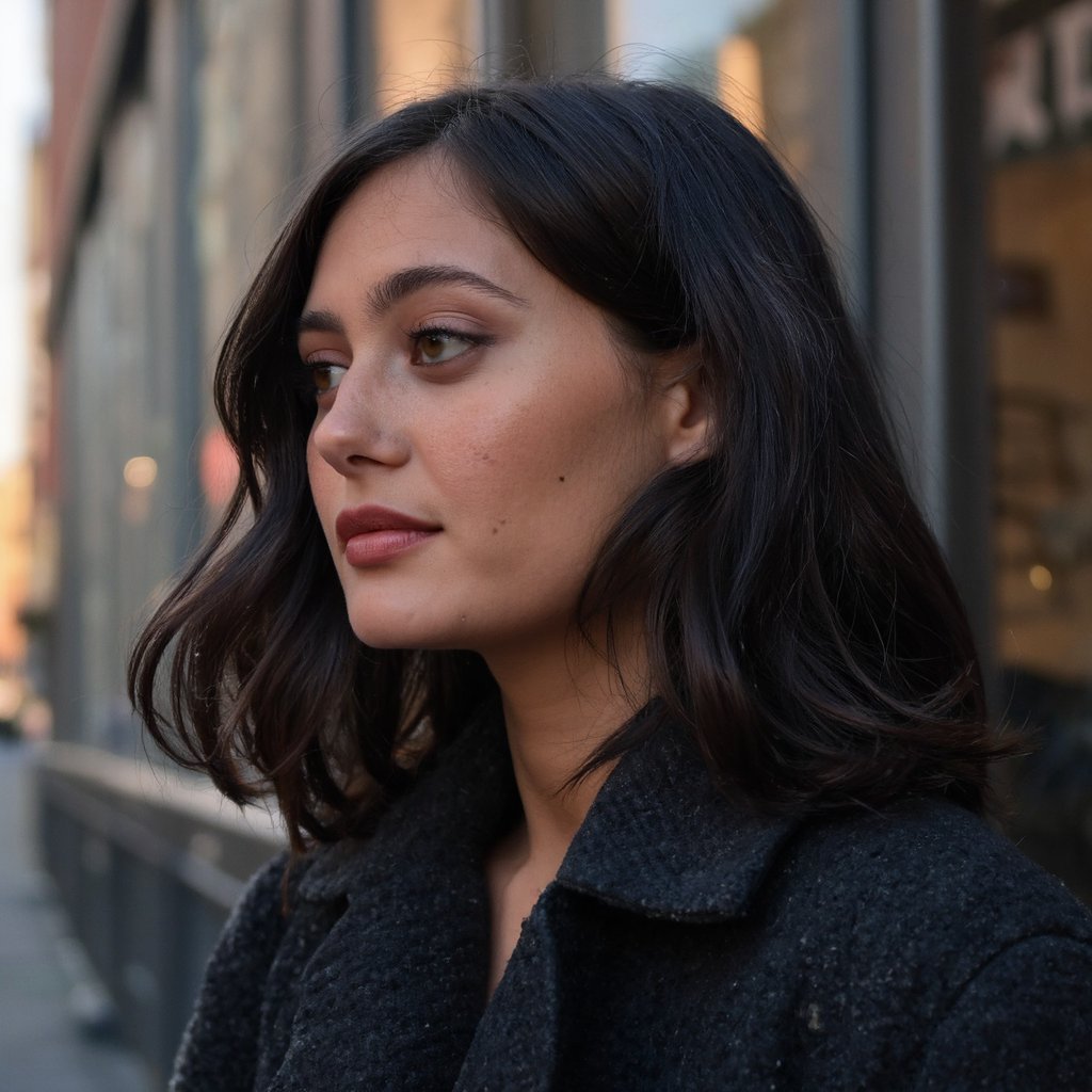 A portrait of ella_purnell with long, wavy black hair, captured in a side profile. She wears a dark, textured coat. The woman's gaze is directed slightly to the side, and her expression is contemplative. The setting is an urban environment, with a building visible in the background. Soft, warm lighting casts a gentle glow on the scene, highlighting the woman's features and clothing. The image conveys a serene and introspective mood.