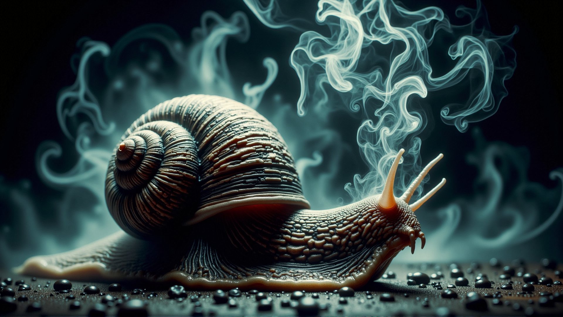 A stunning horror professional (film grain:1.2) photography, realistic photo of a dark cursed dark wet snail <lora:DarkmosphericFlux:0.65>, gas spirit rising up, high resolution photography, ultra resolution, 4k, 8k, 16k, HDR, DOF, studio photography, professionalism<lora:AHauntedFlux:0.5>photography,centered subject,eye-level shot,straight-on angle,gritty industrial,mood lighting,(hero view:1.4),shot on Sony A7R IV with Sony FE 85mm f-1.4 GM 