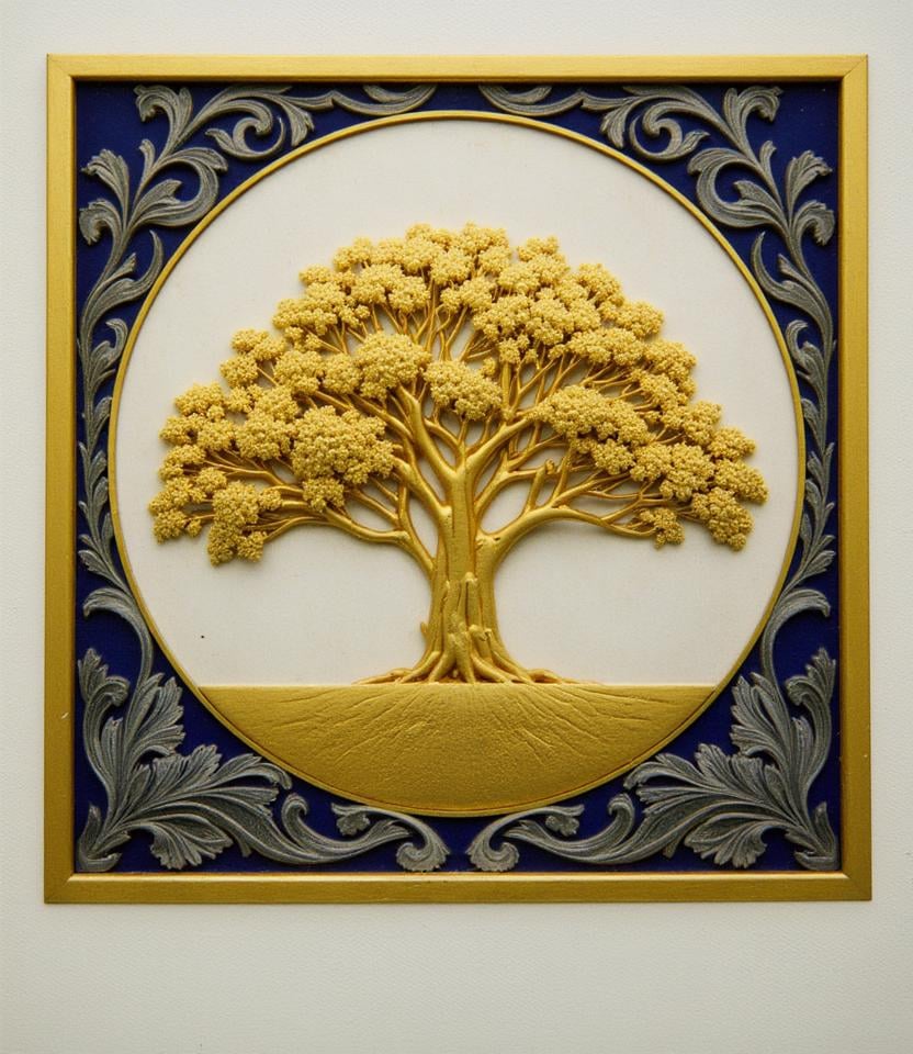 Polaroid of Emblem, gold border, marble material, gold tree in the middle, fractals, sharp focus, De-Noise, symmetry, balance, color harmony <lora:Polaroid_Flux:1.0><lora:ComfyUI_29916_:0>