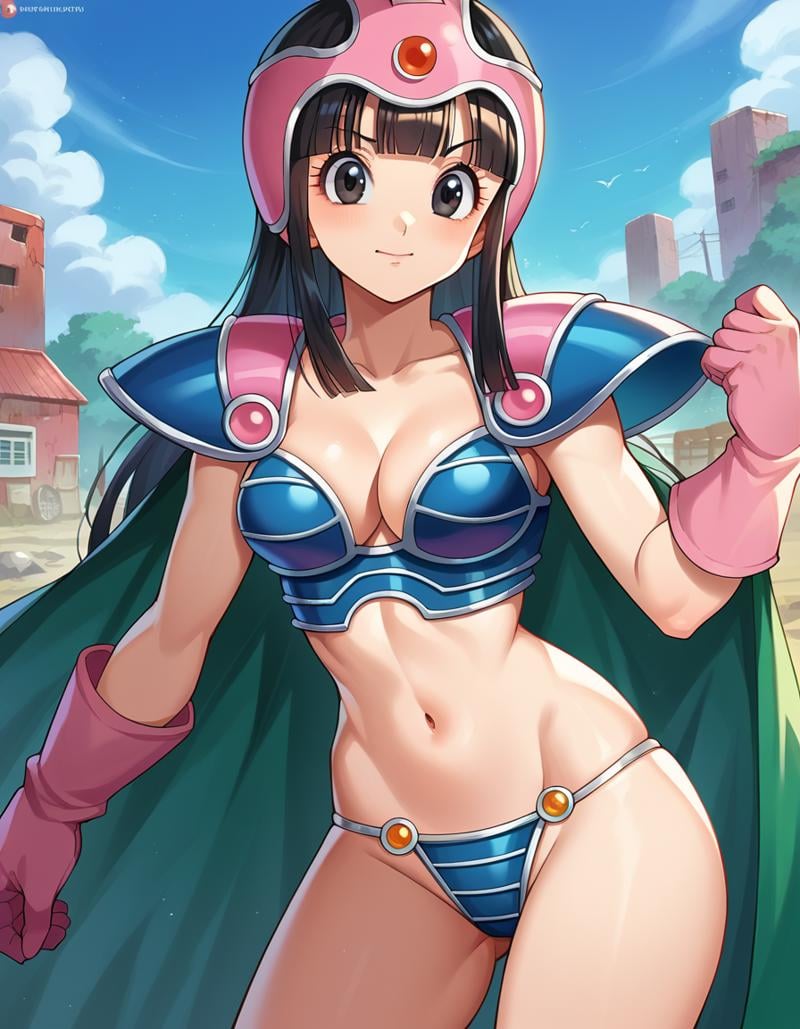 score_9, score_8_up, score_7_up, source_anime,dragonballchichi, <lora:dragonball-chichi-ponyxl-lora-nochekaiser:1>,chi chi, black eyes, black hair, long hair, hime cut, blunt bangs, sidelocks,armor, bikini armor, cape, collarbone, gloves, helmet, navel, pauldrons, shoulder armor, cleavage,outdoors, wasteland,looking at viewer, dutch angle, cowboy shot,