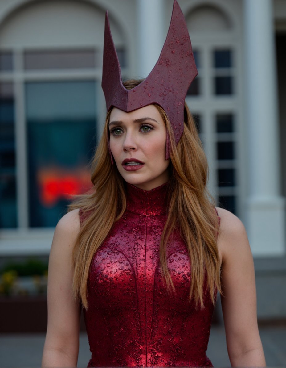 The image is a high-resolution photograph featuring a woman standing in an outdoor setting with a modern architectural backdrop. The woman, who appears to be in her late 20s to early 30s, has light skin and long, wavy, golden-brown hair that cascades past her shoulders. She is wearing a red, high-necked costume with intricate, metallic armor-like patterns, which accentuates her slender physique. Her eyes are a striking green, and she has a serious, contemplative expression.The woman's head is adorned with a pair of distinctive, red, winged headpieces that resemble the antennae of an insect, with a metallic sheen. These headpieces are connected to a dark, leather-like headband that wraps around her forehead, adding to her mysterious and otherworldly appearance.The background is a large, ornate building with arched windows and a white, columned facade. The windows are painted with a deep, rich blue and red hue, casting a dramatic light on the scene. The overall color scheme of the image is predominantly dark and muted, with the exception of the vivid red and blue tones from the windows, which add a sense of depth and contrast.,Elizabeth Olsen,<lora:Elizabeth Olsen_Flux_V1:0.93>