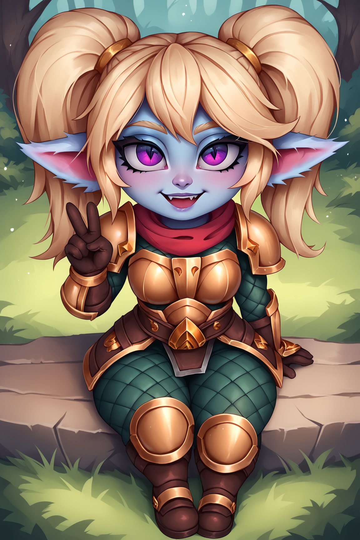 score_9, score_8_up, score_7_up, score_6_up, BREAK, PoppyLoLXLv2, blue skin, colored skin, shortstack, yordle, purple eyes, blonde hair, twintails, pointy ears, medium breasts, golden armor, armor shoulder, red scarf, breastplate, green snakeskin shirt, brown gloves, armor hips, green snakeskin pants, brown boots, solo, sitting, above view, (peace sign), looking at viewer, seductive smile, forest <lora:PoppyLoLXLv2:0.8>