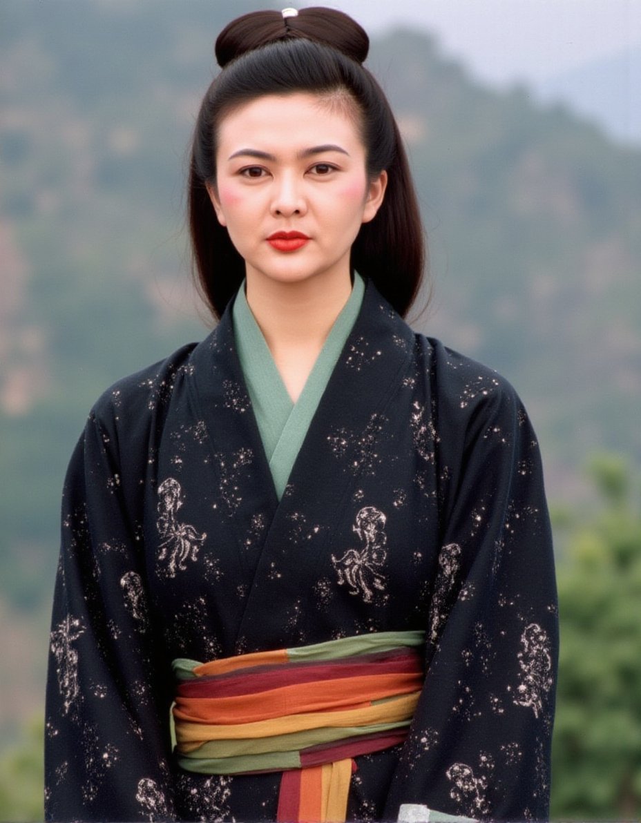 The image is a high-resolution photograph featuring a young Asian woman in traditional Chinese attire. Her cheeks are flushed with a vibrant red blush, striking red makeup on her eyes.Her cheeks are flushed with a vibrant red blush, which contrasts with the natural pink undertones of her skin.She stands outdoors against a blurred, natural background, possibly a mountainous landscape. The woman has a fair complexion and straight, dark brown hair styled into a loose, side ponytail with a few strands framing her face. Her hair is adorned with a decorative hairpin, likely made of metal, featuring a small round ornament. She gazes directly at the camera with a calm, composed expression.She is dressed in a traditional Chinese outfit consisting of a black robe with intricate, white embroidered patterns depicting traditional Chinese motifs. The robe has a high collar and is cinched at the waist with a wide, multi-colored sash featuring shades of red, yellow, and green. The fabric of the robe appears to be made of a soft, textured material that might be silk or a similar fabric. The background is out of focus, allowing the subject to stand out prominently. The lighting is natural, suggesting it is daytime, and the overall color palette is warm and earthy, with muted tones that complement the traditional attire.,,GuanZhiLin, <lora:GuanZhiLin_Flux_V1-000001:1>