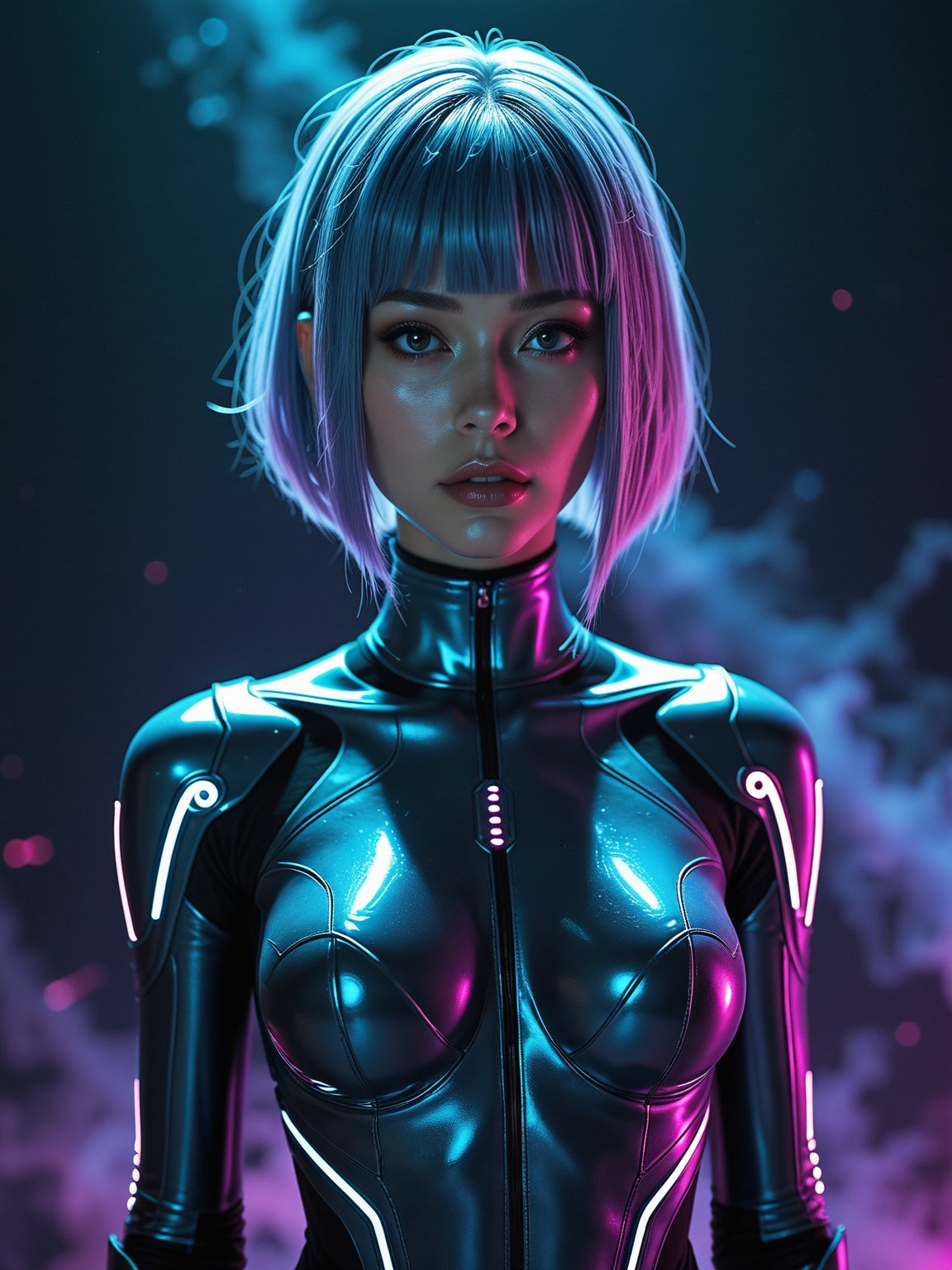 score_9,beautiful slim and petite girl, seductive rectangular [asian:0.5] face, glossy lips, parted lips,  [hair in the style of lucy \(cyberpunk\):dark blue bob cut hair:0.5], (((tight hightech bodysuit))), attractive, submissive, lustful, inviting, dramatic vibrant atmospheric lighting space background, gorgeous, epic, surreal, zPDXL2