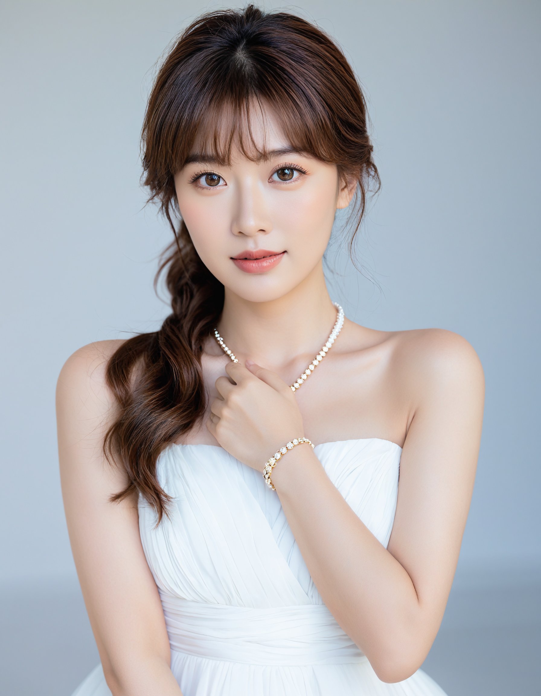 A masterpiece of a photograph. Capture a stunning, close-up portrait of an Asian female wearing a flowing white dress, her brown hair styled with precision. Her gaze meets the viewer's, exuding confidence and poise. The indoor setting is bathed in bright, high-contrast daylight, casting a soft bokeh around her features. Fashion accessories adorn her neck and wrists, adding elegance to the scene. The simple, white background provides a clean canvas for the subject's beauty to shine.