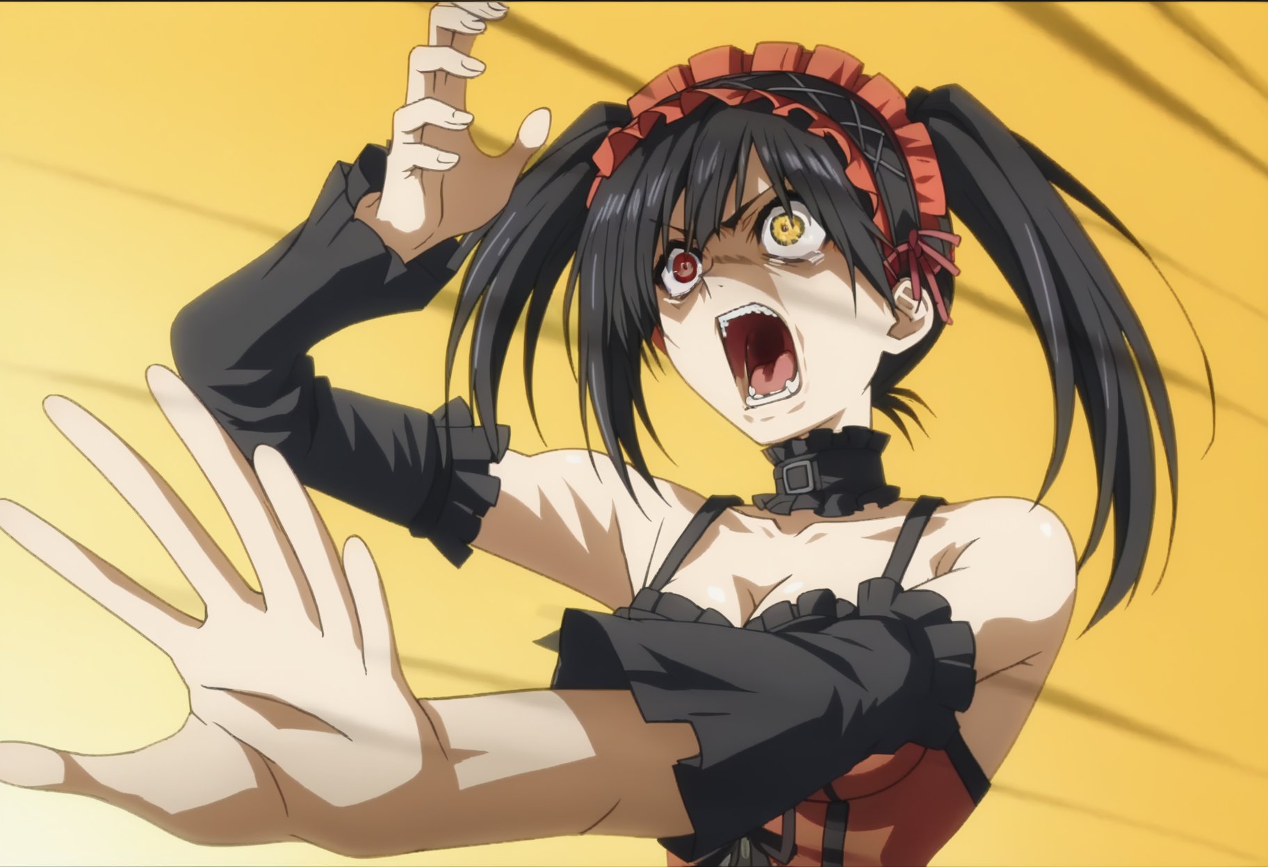 score_9, score_8_up, score_7_up, source_anime,BREAK<lora:shikaibaTestNoV1-000008:1>, kaibanodef,open mouth, upper body, teeth, screaming, parody,1girl, solo, anime screencap, anime coloring,<lora:shiKurumiV2:1> kurdef, long hair, black hair, twintails, hairband, red eyes, yellow eyes, clock eyes, heterochromia, bare shoulders, detached sleeves, choker, red dress, cleavage, bow, 