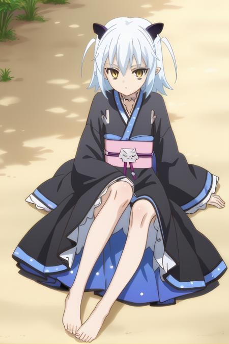 (black kimono), mt-shiroyasha, white hair, yellow eyes, short horns, 1girl, solo, skinny, feet, (score_9, score_8, score_7), source_anime, horny, (outdoors), (1.3::full body|sitting|standing|lying|0.6::close-up| :1.20), <lora:mt-shiroyasha-V01-000003:1.00>