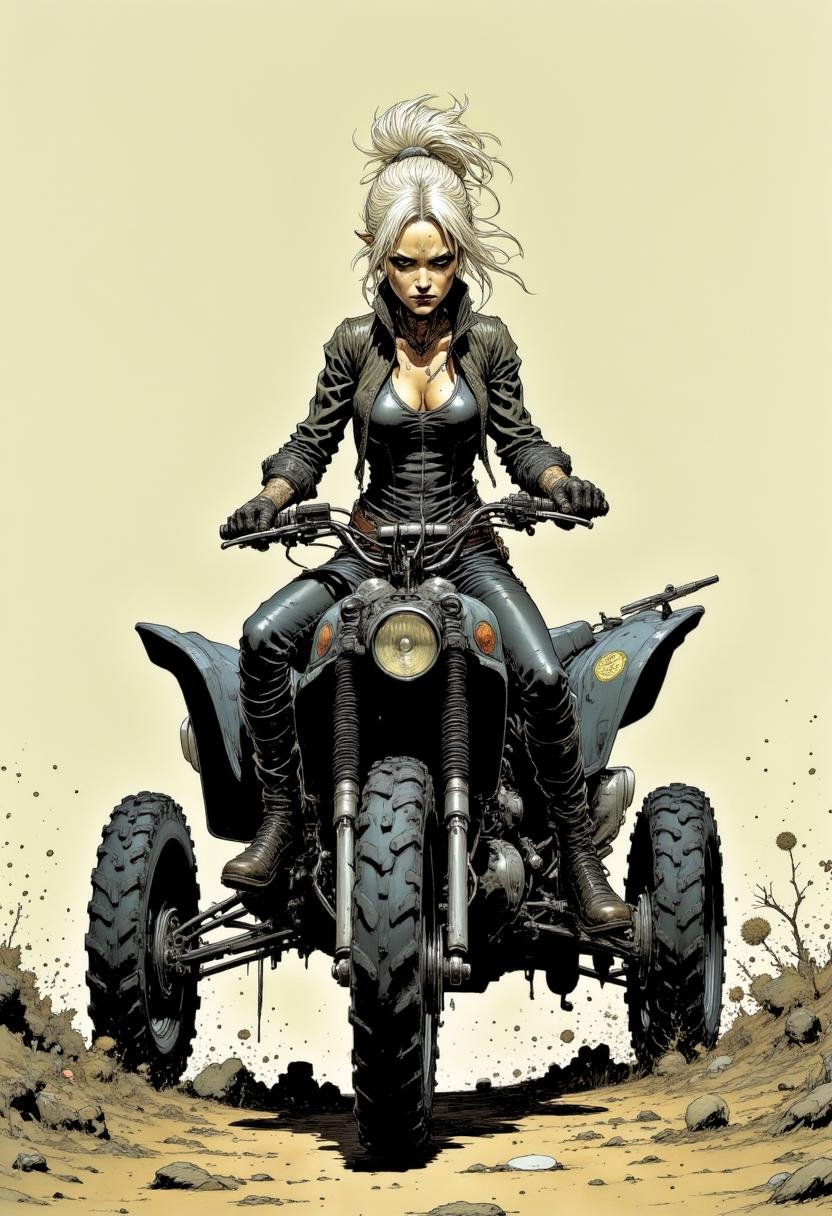 A detailed, digital illustration in a gritty, urban style. A young woman riding a rugged, black all-terrain vehicle (ATV) navigates through a desolate, arid landscape. Platinum blonde hair tied back in a messy bun. Her outfit is dark and form-fitting, consisting of a black leather jacket, a tight black tank top, and black pants, giving her a rebellious, edgy appearance. She wears black gloves, enhancing her tough persona. The ATV is a large, utilitarian vehicle with oversized tires, a sturdy frame, and a front grille that is illuminated by two round headlights. Mangaka style. <lora:Mangaka_3012:1.0>