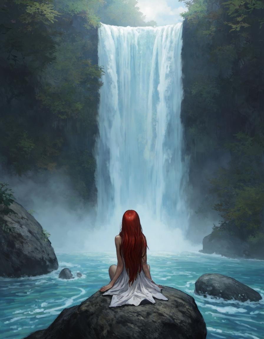 The image is a digital illustration of a mermaid sitting on a rock in front of a waterfall. The mermaid has long red hair...