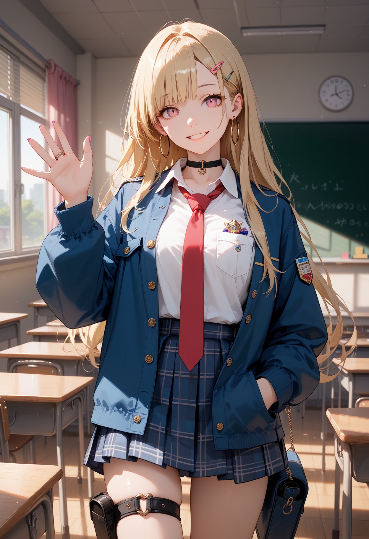 score_9,score_8_up,score_7_up,masterpiece,best quality,8k,1girl,solo,pink eyes,blonde hair,long hair,hairclip,hoop earrings,black choker,white shirt,red necktie,loose necktie,breast pocket,blue jacket,plaid skirt,standing,looking at viewer,pink nails,parted lips,thigh strap,thigh pouch,standing,indoors,classroom,smile,waving,