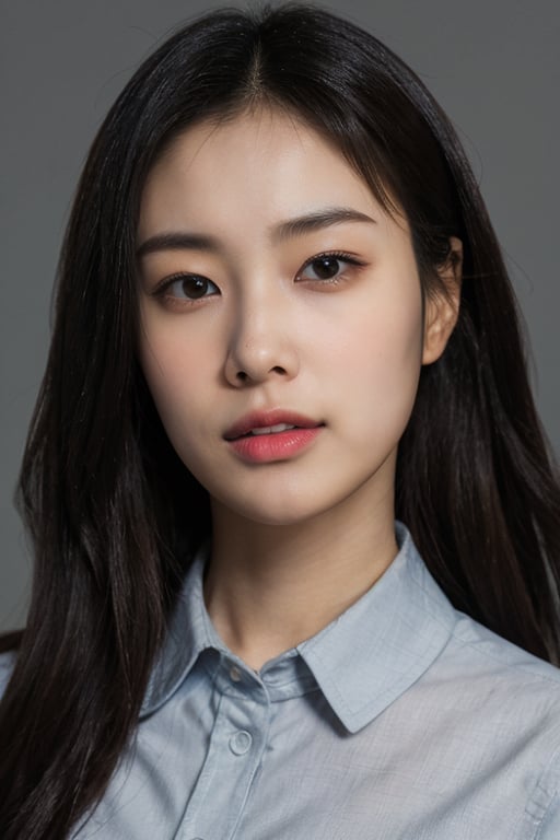 masterpiece, best quality, ultra-detailed, ultra high res, (photorealistic:1.4), raw photo, (realistic:0.2), 8k HDR, realistic cool temperature lighting, (asian:0.2), 1girl, solo, asymmetrical hair, (simple gray background:1.4), bokeh, (detailed lips), (detailed pores), (detailed skin textures), (detailed face:1.2), (upper body:1.2), a woman in a collared shirts, promotional image, a character portrait, (thigh gap:1.2), 