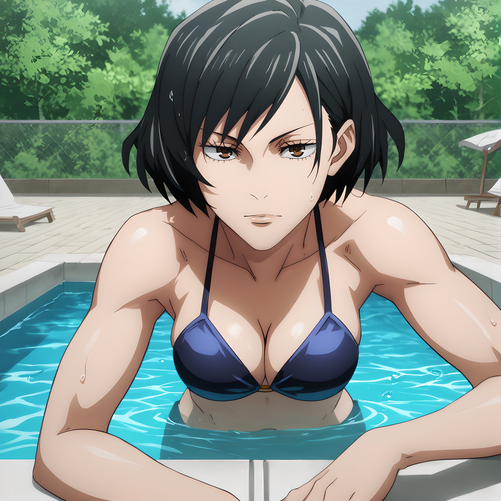 mai, solo, 1girl, short hair, black hair,dark brown eyes, <lora:Mai_Zenin_-_Jujutsu_Kaisen:0.85>BREAKlevel_9, level_8_up, level_7_up, level_6_up, level_5_up, source_anime, masterpiece BREAKbikini, in the water, swimming pool, sunny day, outdoor, grass, spa, in the water, <lora:Jujutsu_Kaisen:0.7>,  