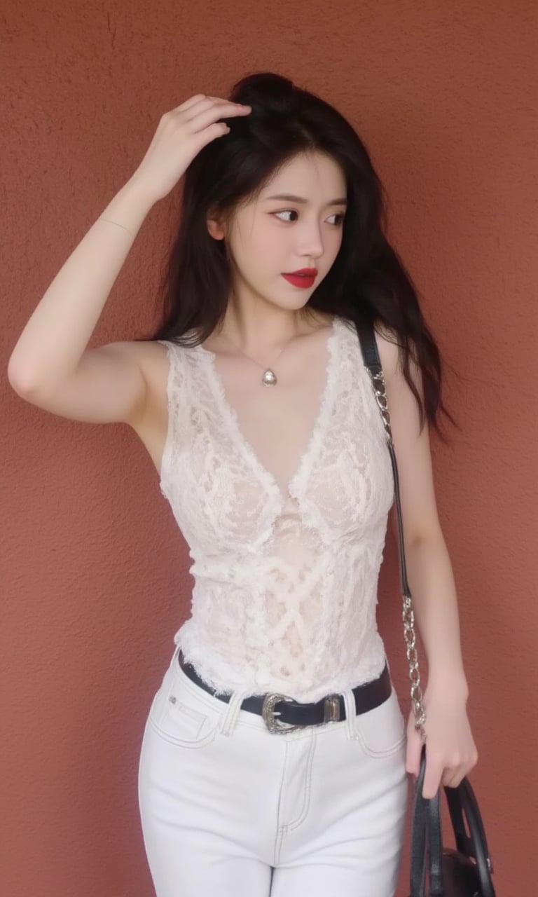 This is a clear, high-resolution image with an artistic style. In the picture, there is a woman wearing a white lace tank top and white jeans. Her hair is flowing and she has red lipstick on, with one hand touching her hair and the other holding a handbag. She is facing to the right and her eyes are looking towards her left hand side. It is difficult to determine her age, but she appears to be a young woman. She has a slim figure and a calm expression. She is wearing a white lace tank top and white jeans, with a black belt cinched around her waist. Her hair is black and falls over her shoulders. The background is a red wall. <lora:墨幽-Flux-Lora-网图:0.9>