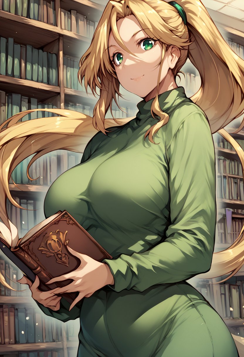 score_8_up, score_7_up, score_6_up,1girl, long hair, blonde hair, ponytail, green eyes, light smile, library, breasts, curvy, holding a book, looking at viewer, <lora:PulenKompot-Tsukasawa_Takamatsu-PonyXL:1> tsuka