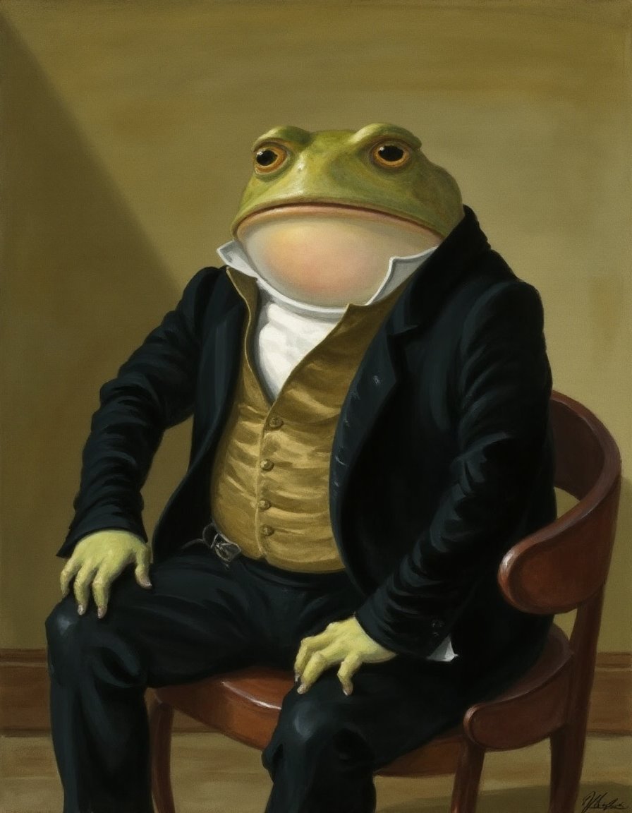 This image is a digitally created parody of a oldest painting, The text at the top of the image reads, "This is a traditional painting of a frog wearing a tailcoat, sitting on a chair. Above the frog is the caption: 'Gentlemen. It is with great pleasuer that inform you'. The subject of the image is a cartoon-like frog, depicted in a seated position, wearing a black suit with a white shirt and a yellow waistcoat. The frog is positioned in the center of the image, with its legs crossed and hands resting on its knees. The background is a simple, muted brown, and the frog is set against a wooden chair with a curved back and arms. The frog's face is expressive, with large, round eyes and a wide, flat mouth, typical of a frog. The image conveys a sense of humor." in bold, white, uppercase letters. The overall style of the image is humorous and satirical, using the classic "Thinker" pose to make a joke about streaming content. The image is meant to be humorous and is not intended to be a serious or accurate representation of the original painting. Gentleman Frog<lora:Gentleman_Frog_Flux_V1-000001:1>